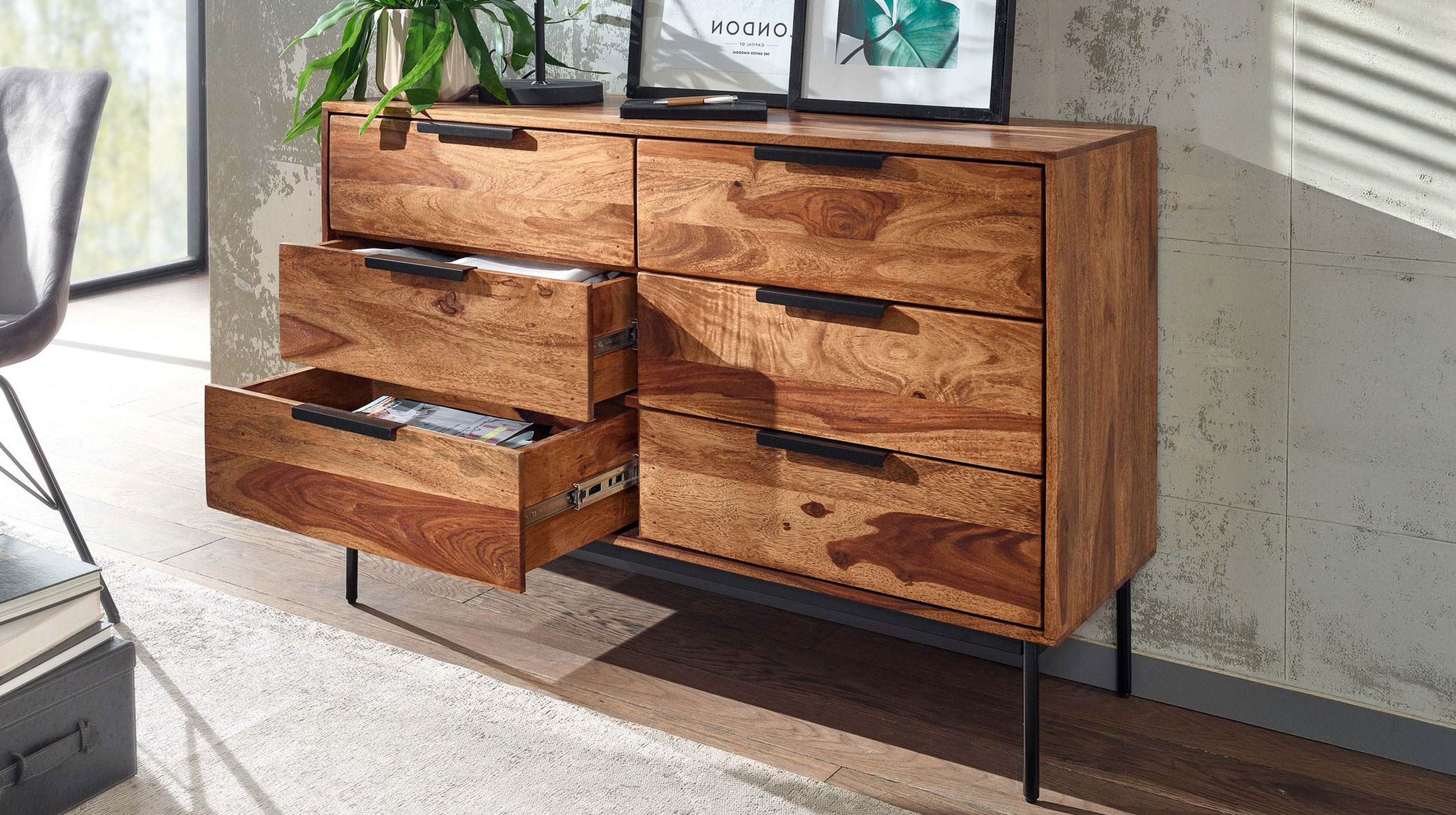 Kommode mit 6 Schubladen Sheesham massiv gebeizt 117 x 42 cm - SVANTE