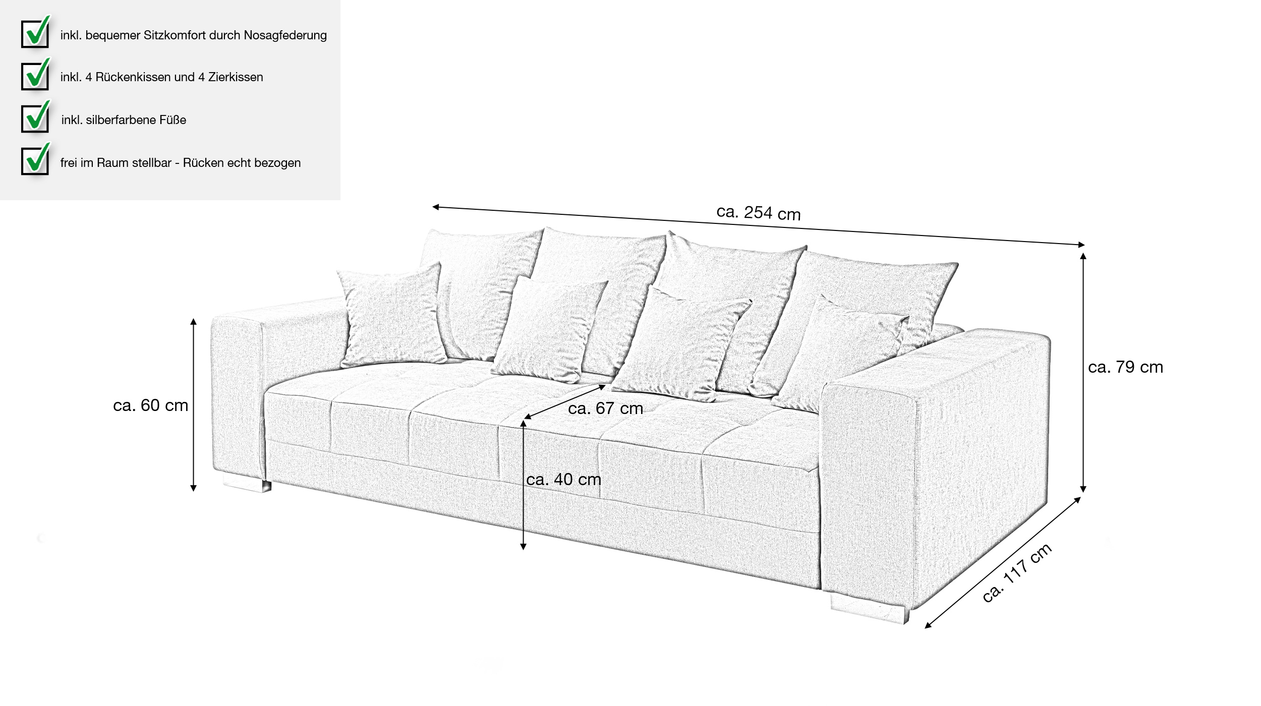 Big Sofa grau Stoffbezug - Microfaser - 254 cm - BORNEO