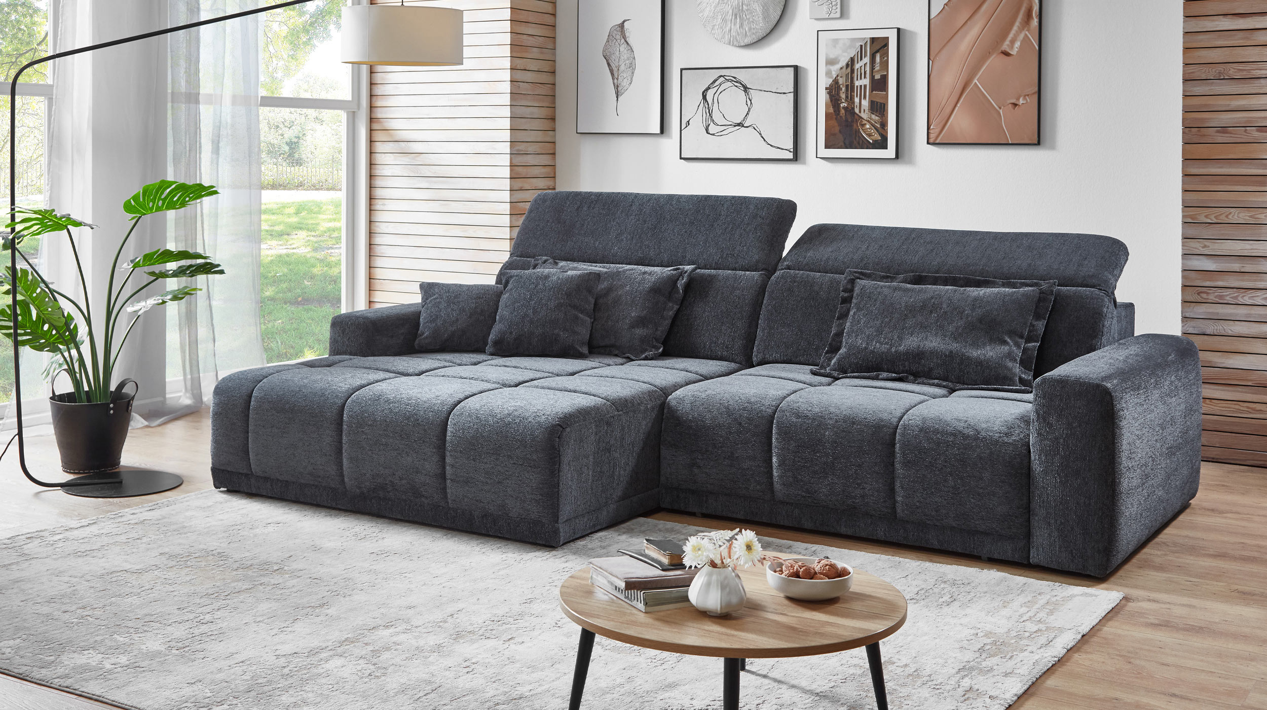 Ecksofa anthrazit - 288 x 176 cm - Sitztiefenverstellung - OT links - BROOK