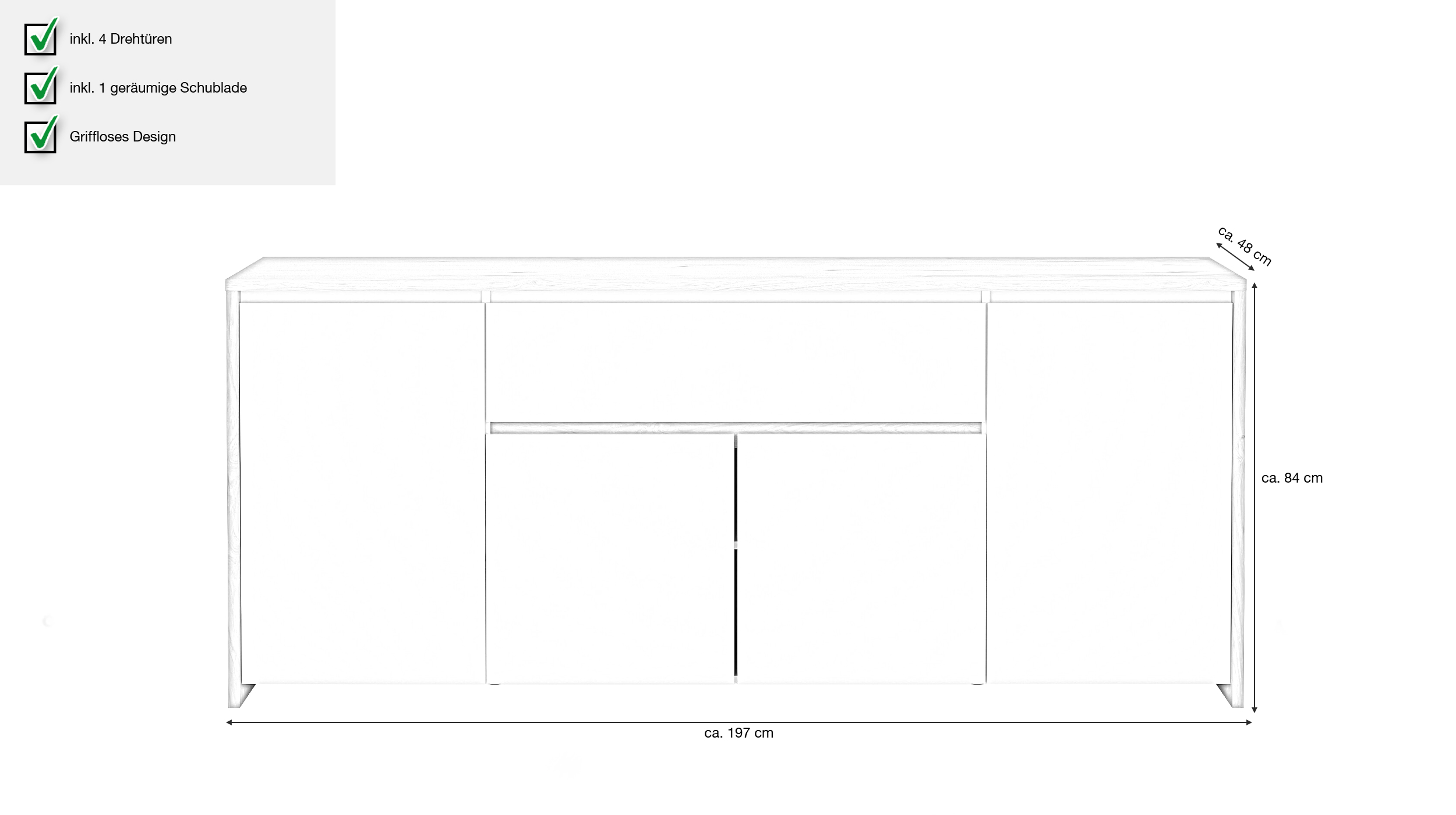 Sideboard mit Schublade weiß - Jackson Hickory 197 cm - NEXT