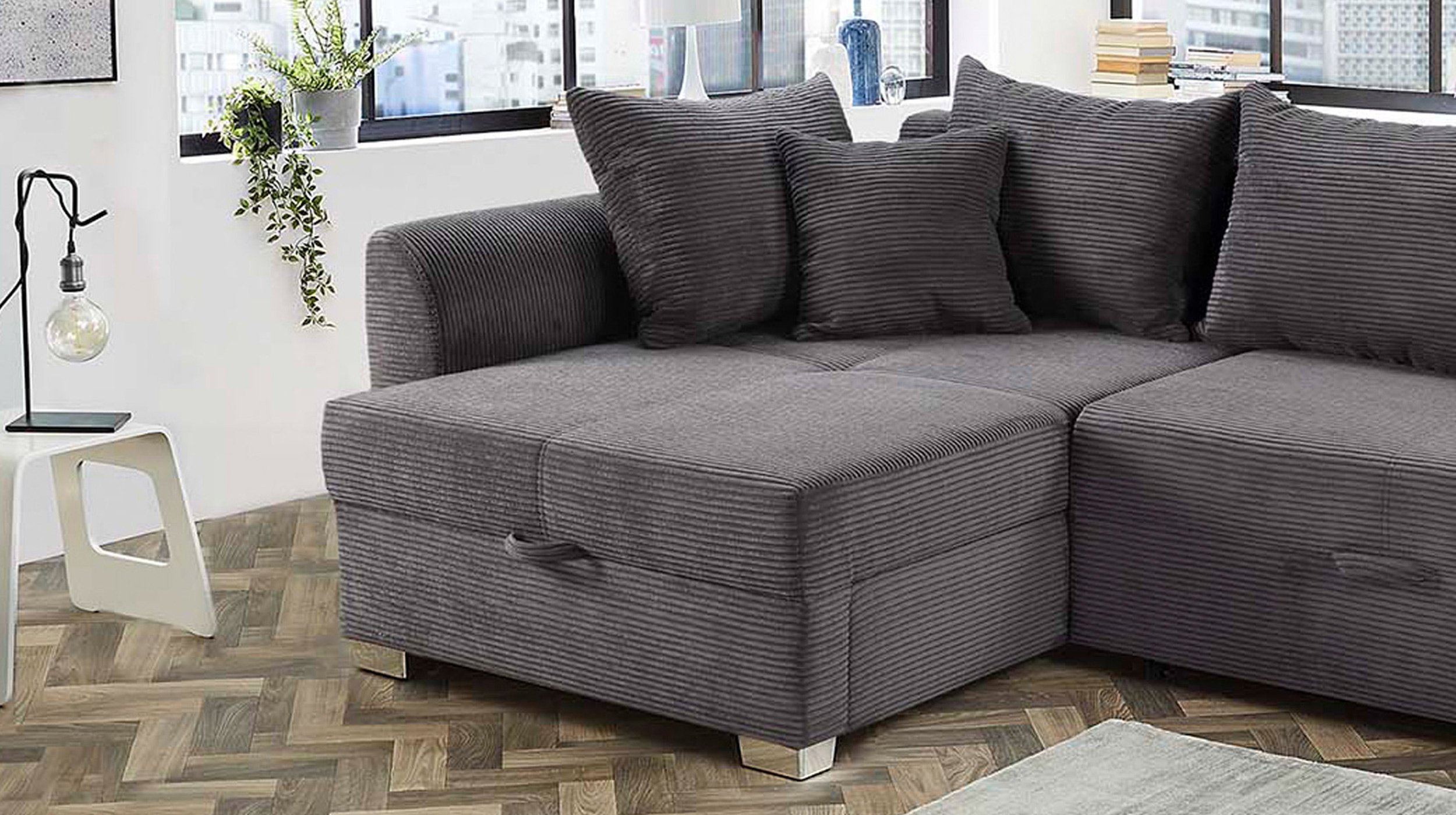 Ecksofa Cord grau Schlaffunktion Bettkasten 236 cm- BOOMER