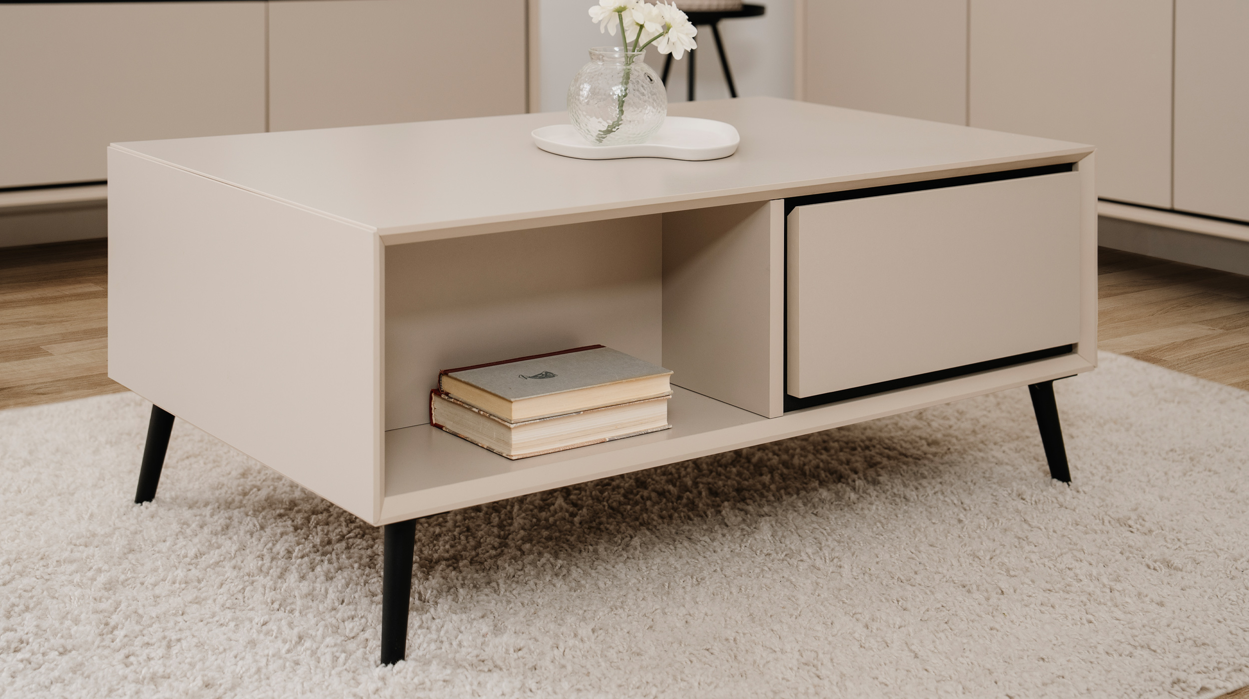 Couchtisch mit 2 Schubladen beige schwarz 94 x 55 cm - ARONA