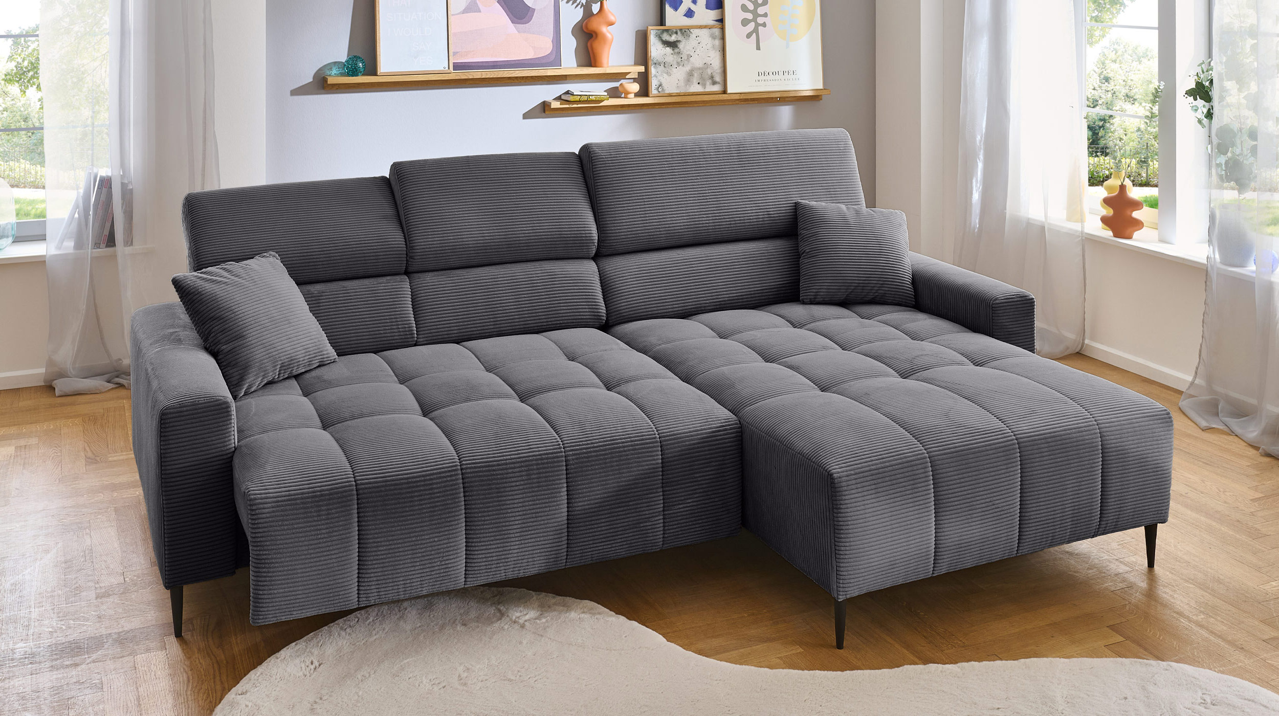 Ecksofa Cord grau ausziehbar - Sitztiefenverstellung 256 cm - OT rechts - SIMPLE Ecksofa Cord grau ausziehbar - Sitztiefenverstellung 256 cm - OT rechts - SIMPLE