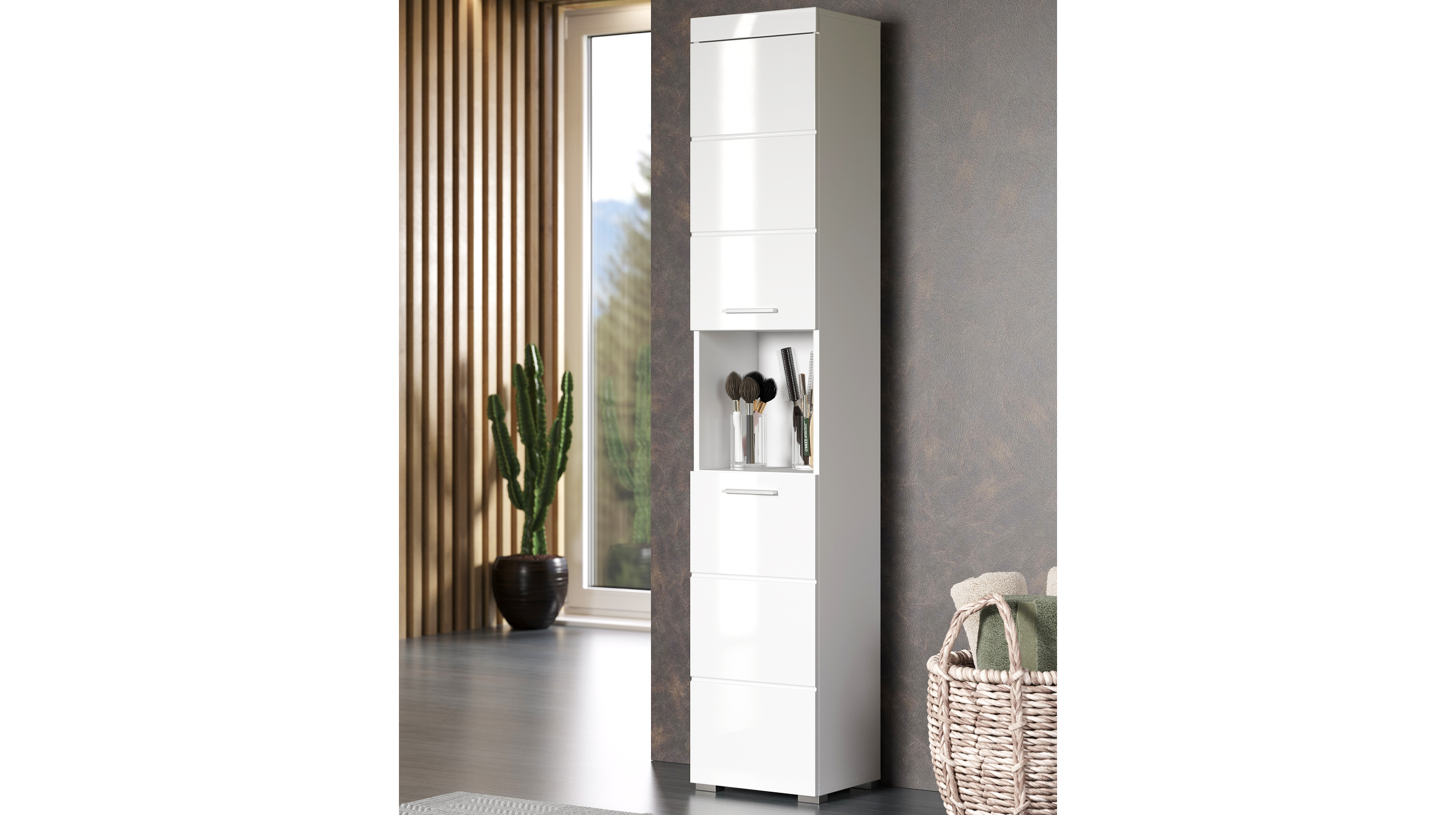 Bad Hochschrank weiß hochglanz 2 Türen 37 cm - AMANDA