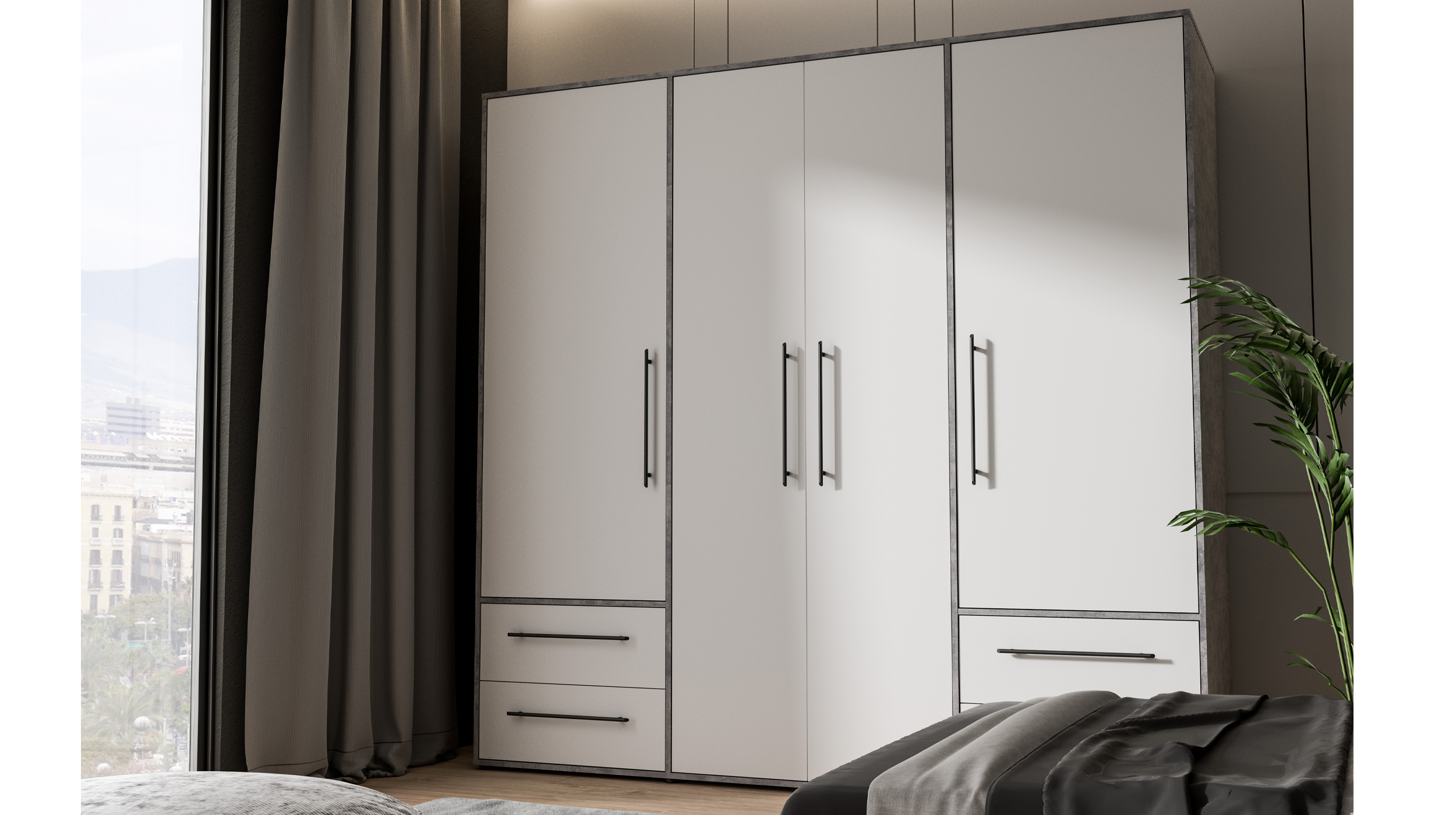 Kleiderschrank weiß - betonoptik - 206 cm - 4 Türen - MOKKARIS