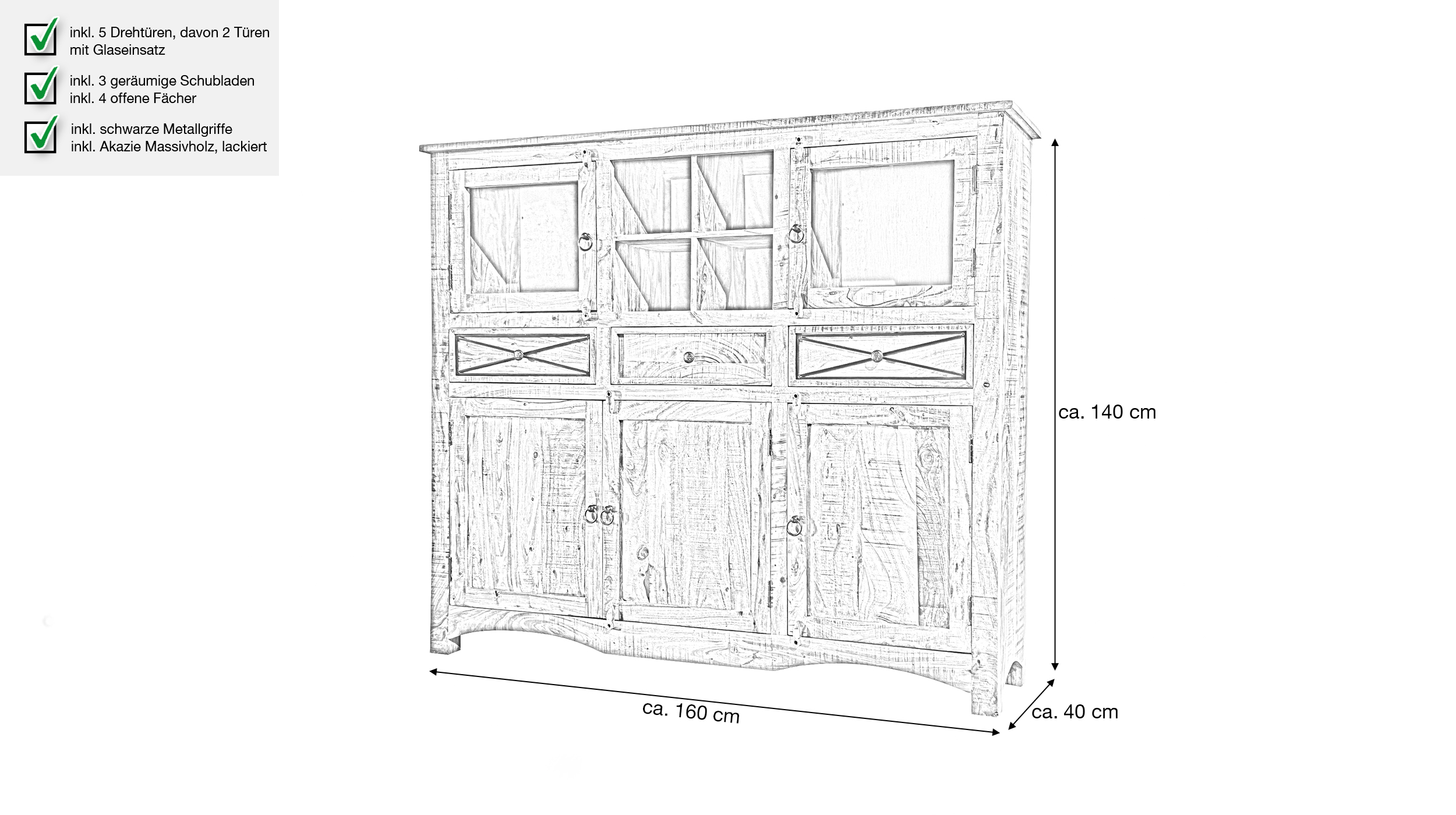 Highboard 5 Türen Akazie massiv lackiert montiert 160 cm - ACANO