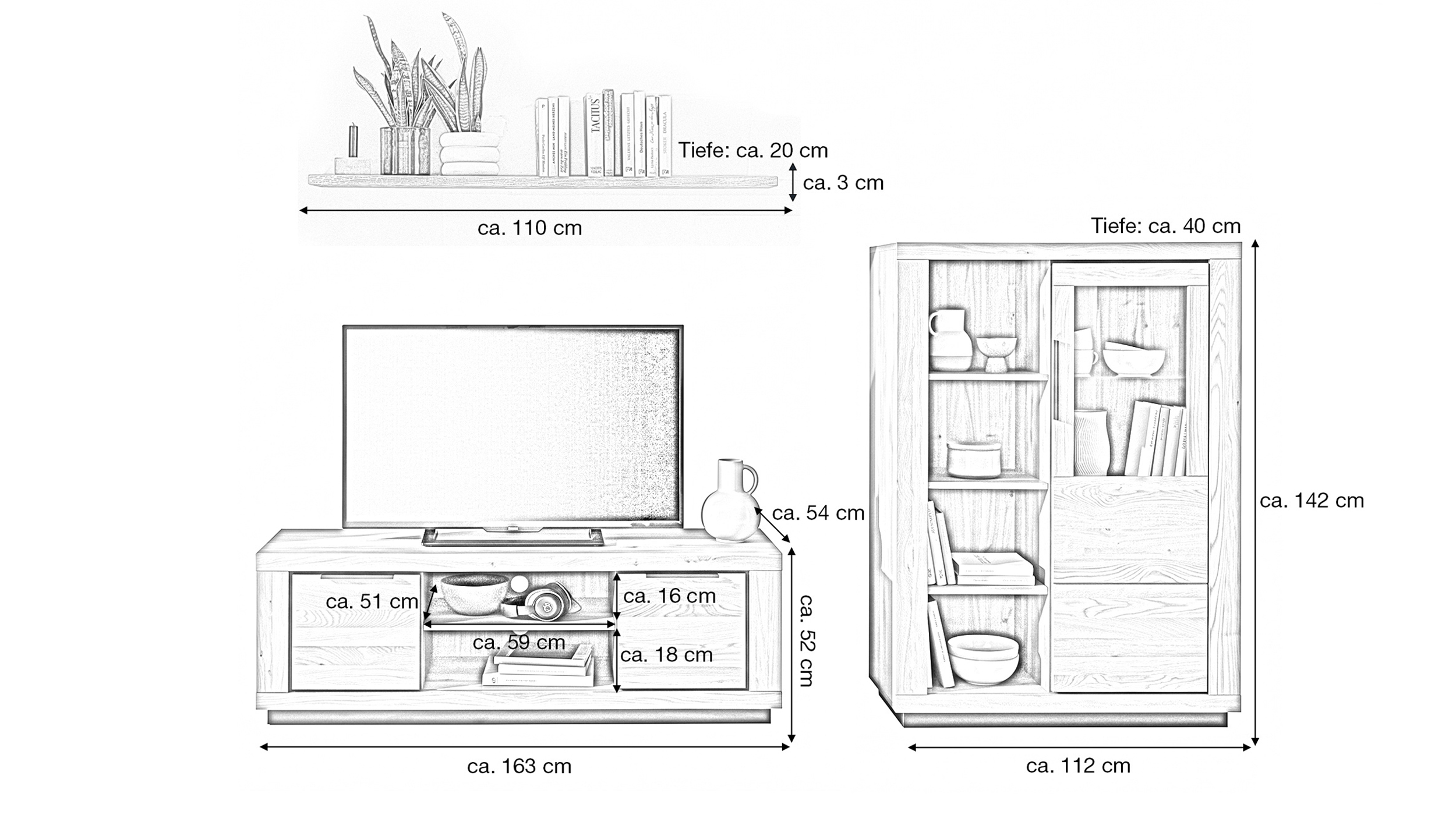 Wohnzimmer-Set Wildeiche 3-teilig mit Highboard und TV-Lowboard - GRENO