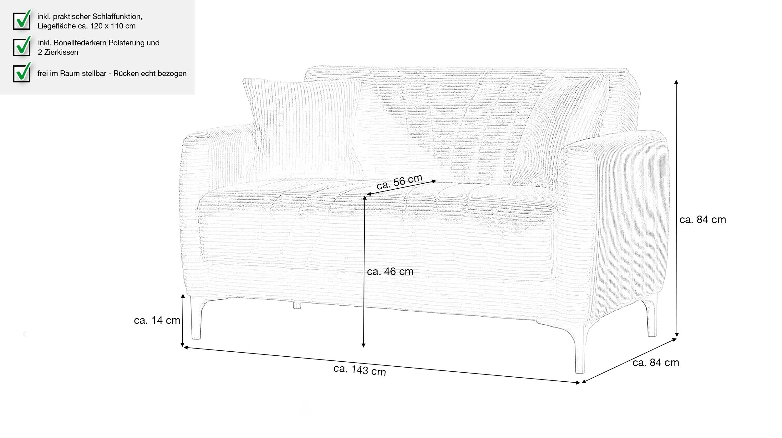 Einzelsofa Cord mit Schlaffunktion 143 cm 2-Sitzer - anthrazit - COMADIO 