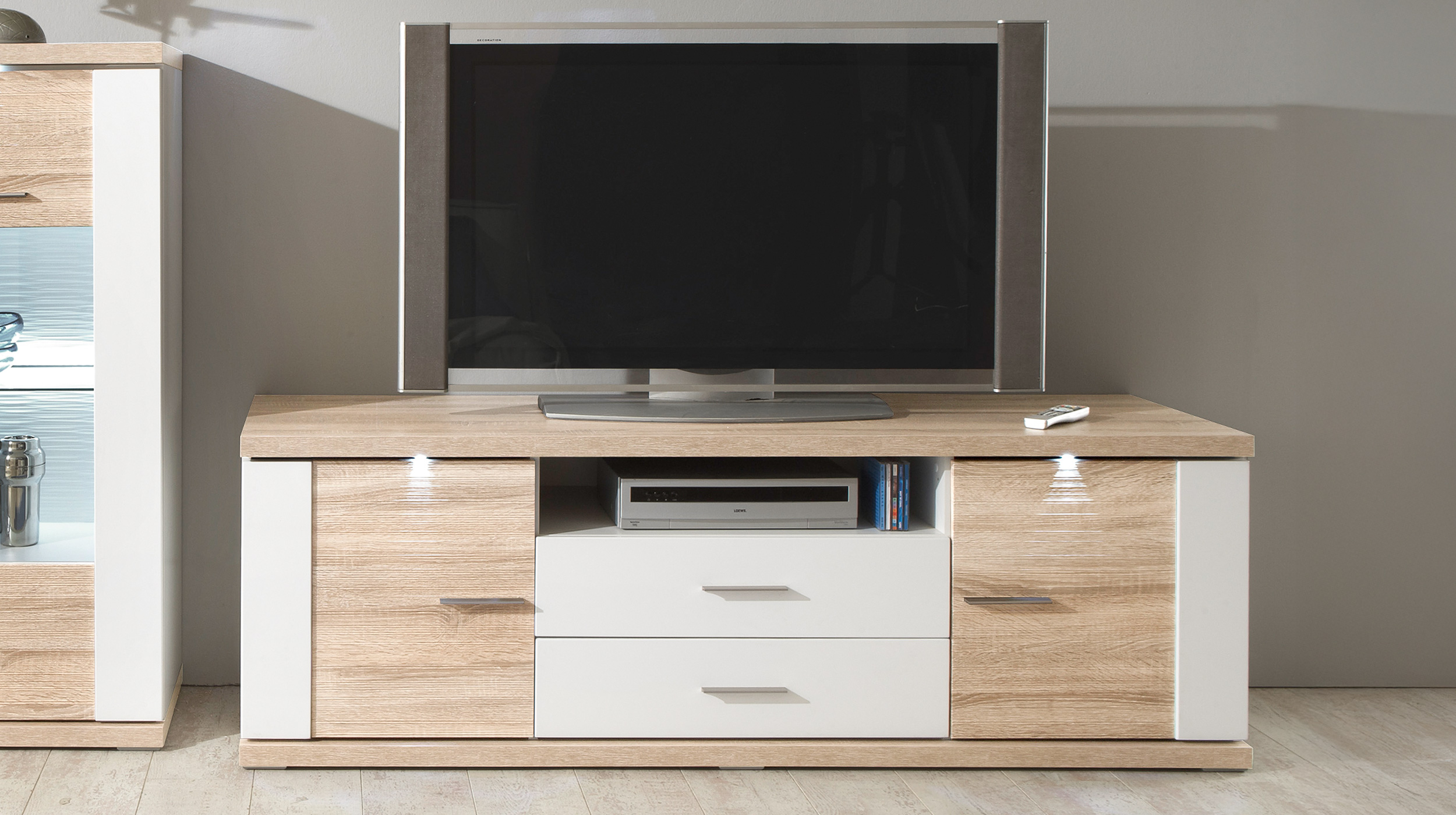 Wohnwand Eiche - weiß hochglanz 294 cm Beleuchtung - MANHATTAN 