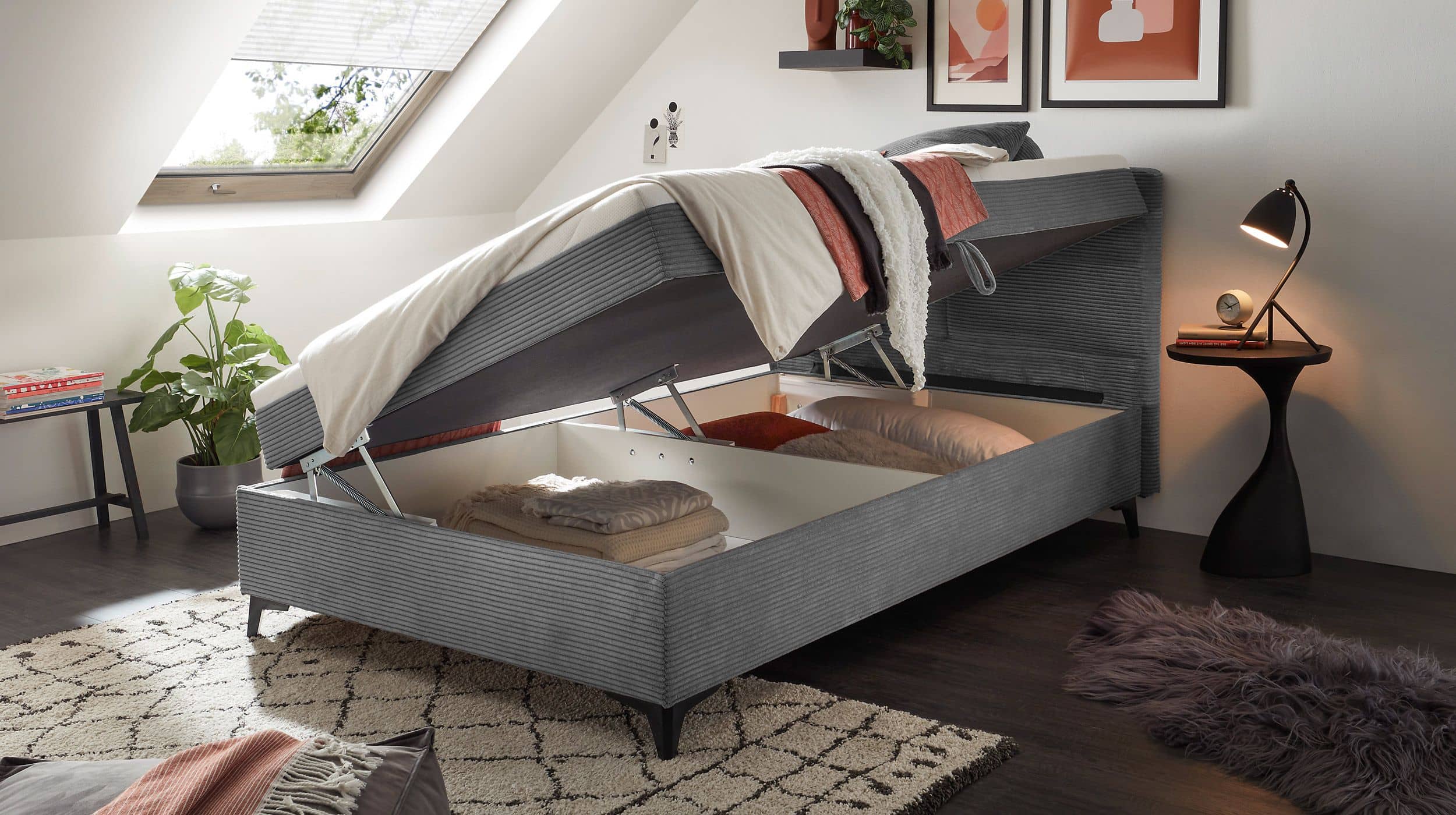 Boxbett Cord grau 120 x 200 cm mit Bettkasten - ANDON