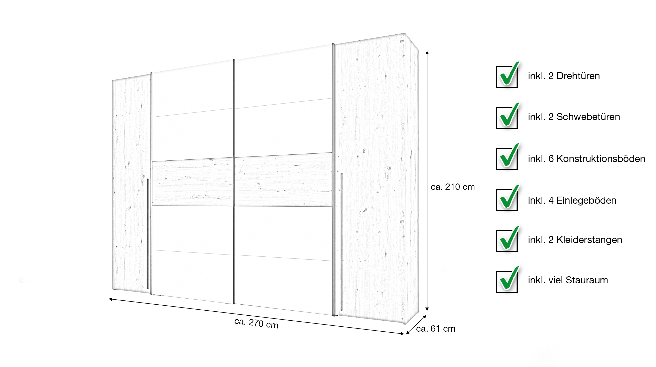 Kleiderschrank Artisan Eiche - weiß - 270 cm - Schwebetüren - NARAGO