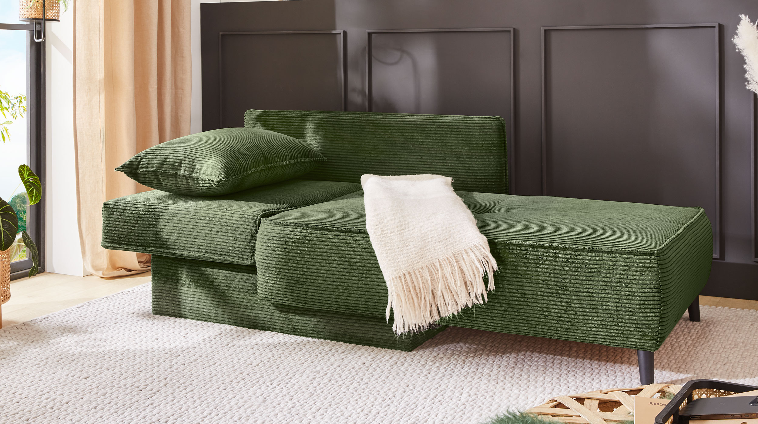 Einzelsofa Cord grün 155 cm Recamiere mit Schlaffunktion - REX