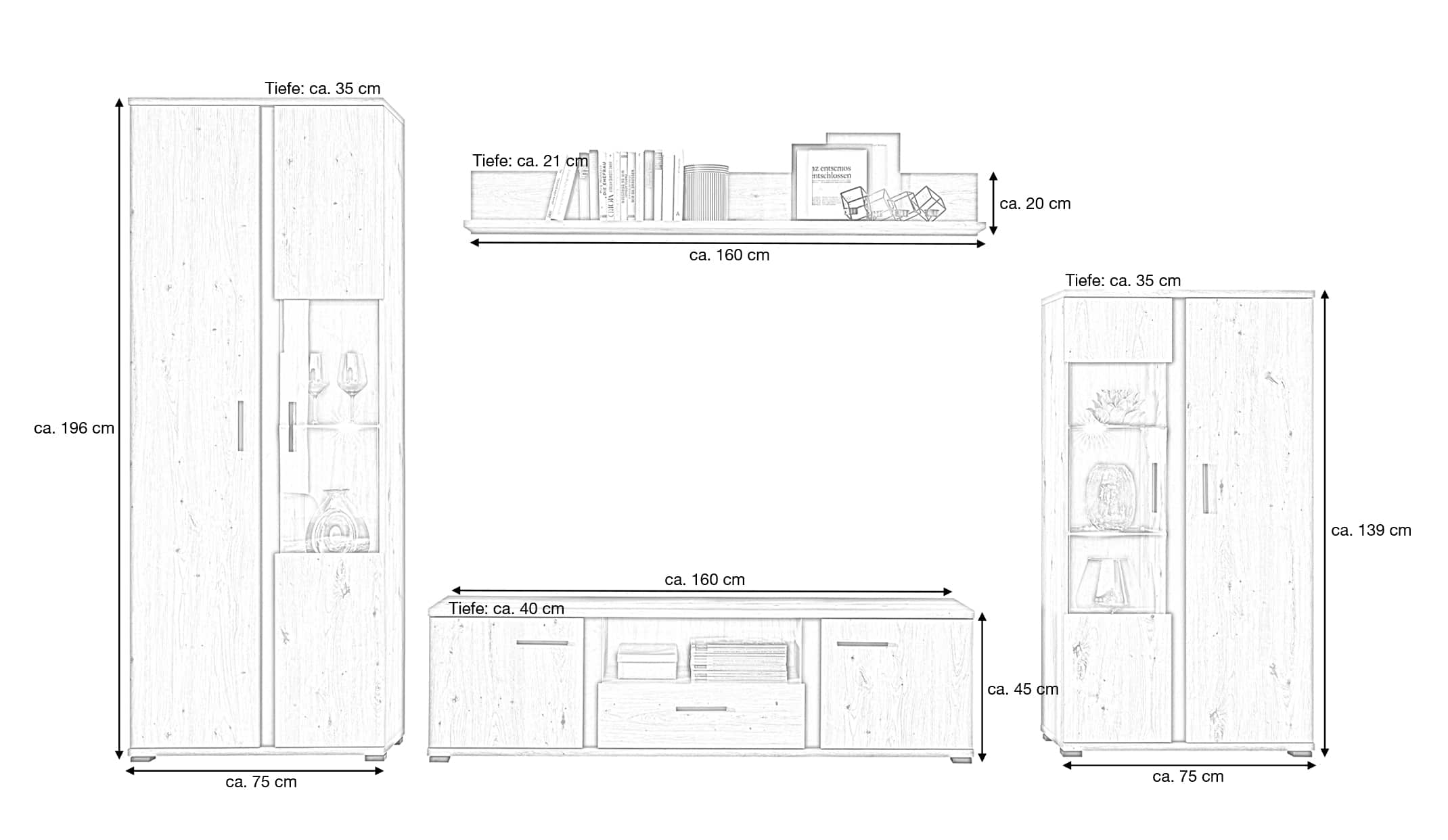 Wohnwand Artisan Eiche 340 cm LED-Beleuchtung - KANADA