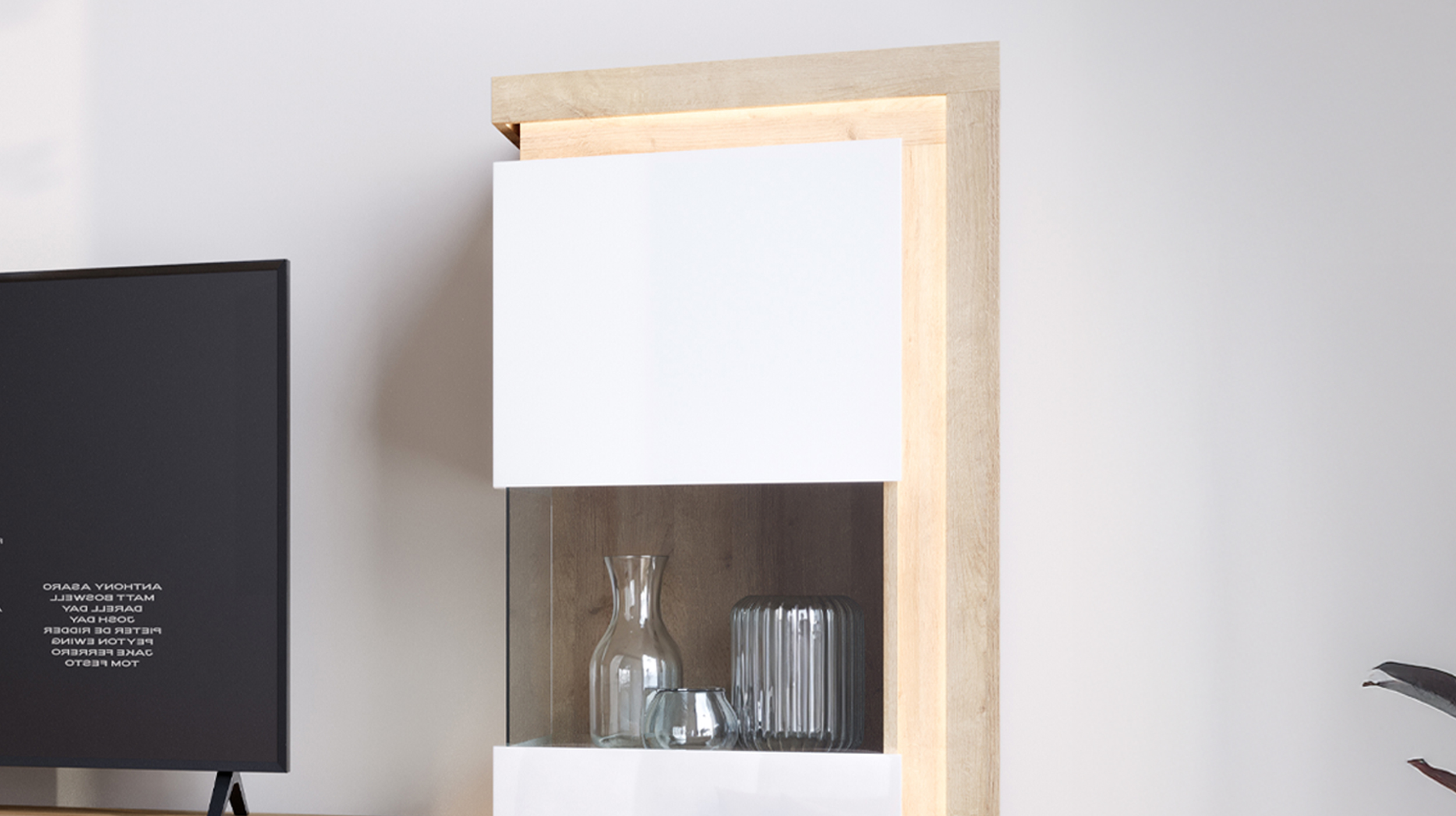 Vitrine mit Beleuchtung weiß Hochglanz - Riviera Eiche Breite 60 cm - LYON