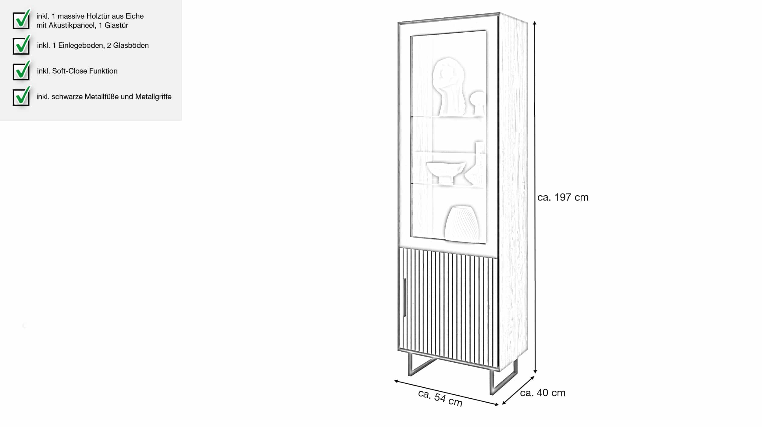 Vitrine mit Glastür Eiche geölt 54 cm - BELLA