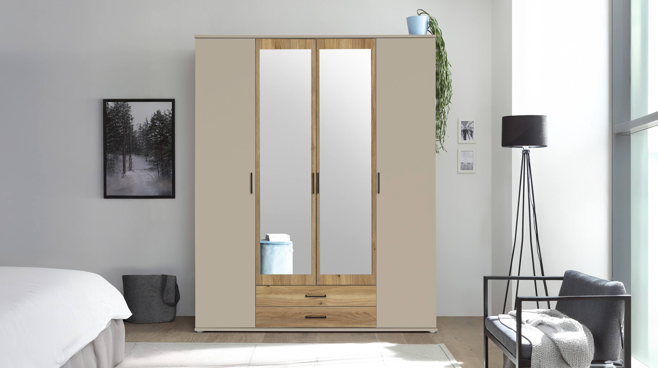Kleiderschrank mit Spiegel 159 cm - beige - Eiche - 4-türig - CHICAGO
