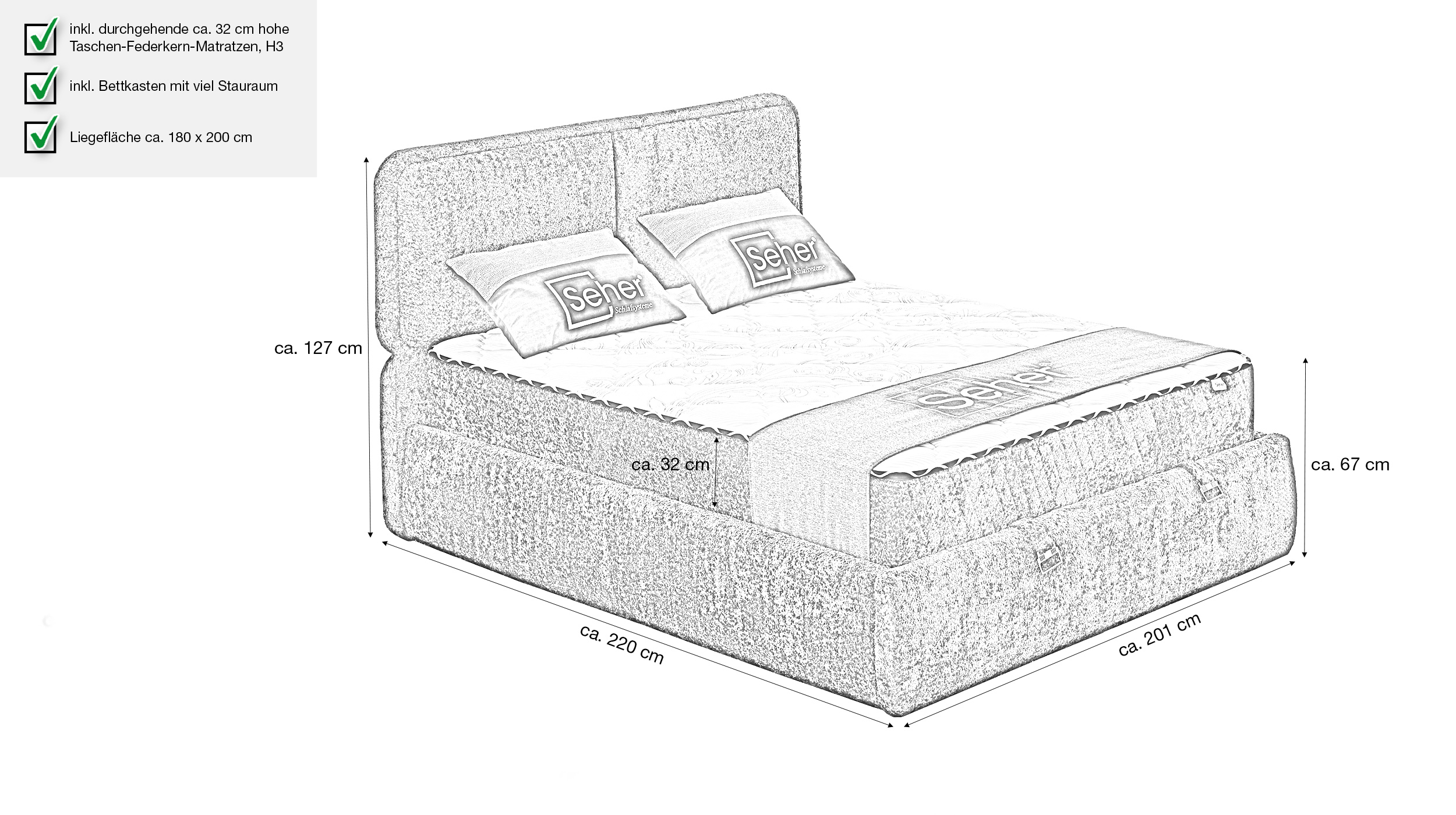 Boxbett mit Bettkasten 180 x 200 cm Chenille anthrazit - RHODOS
