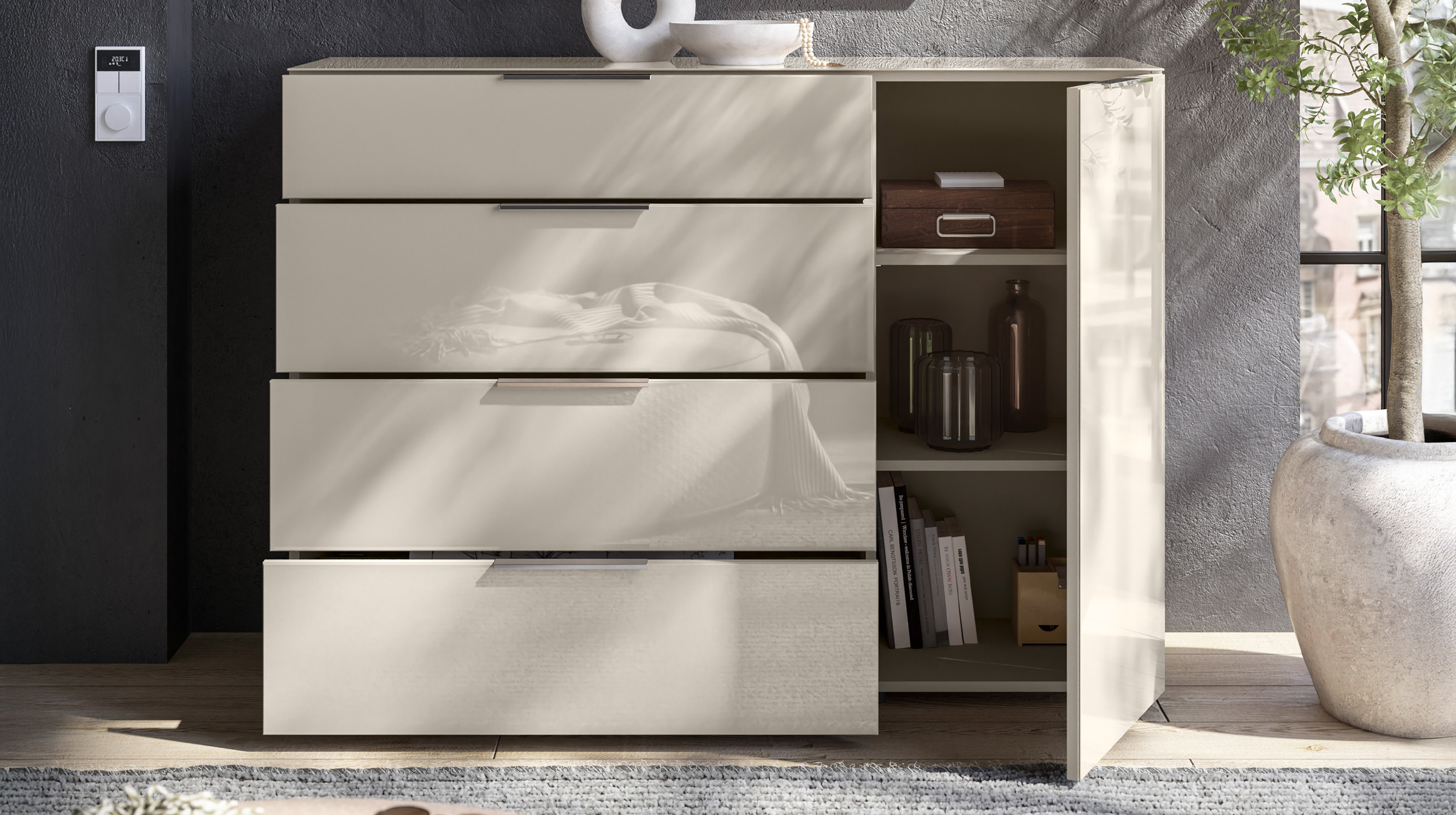 Kommode 4 Schubladen - beige - Glasfront - 135 cm - SANTORIN