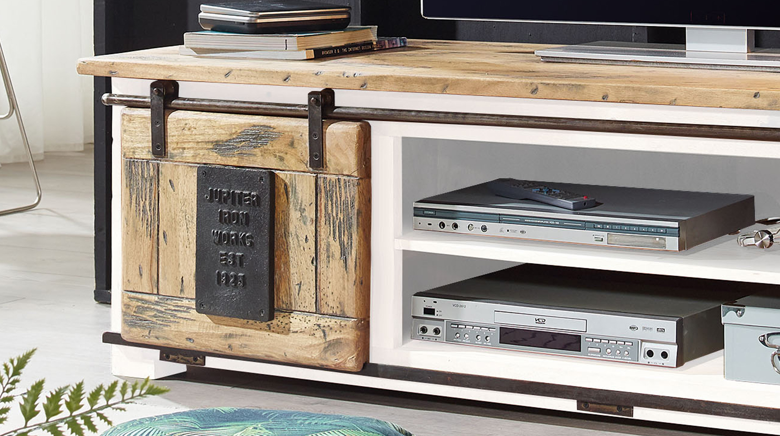 TV-Lowboard 2 Rolltüren Massivholz weiß Mango 180 cm - EMANUEL