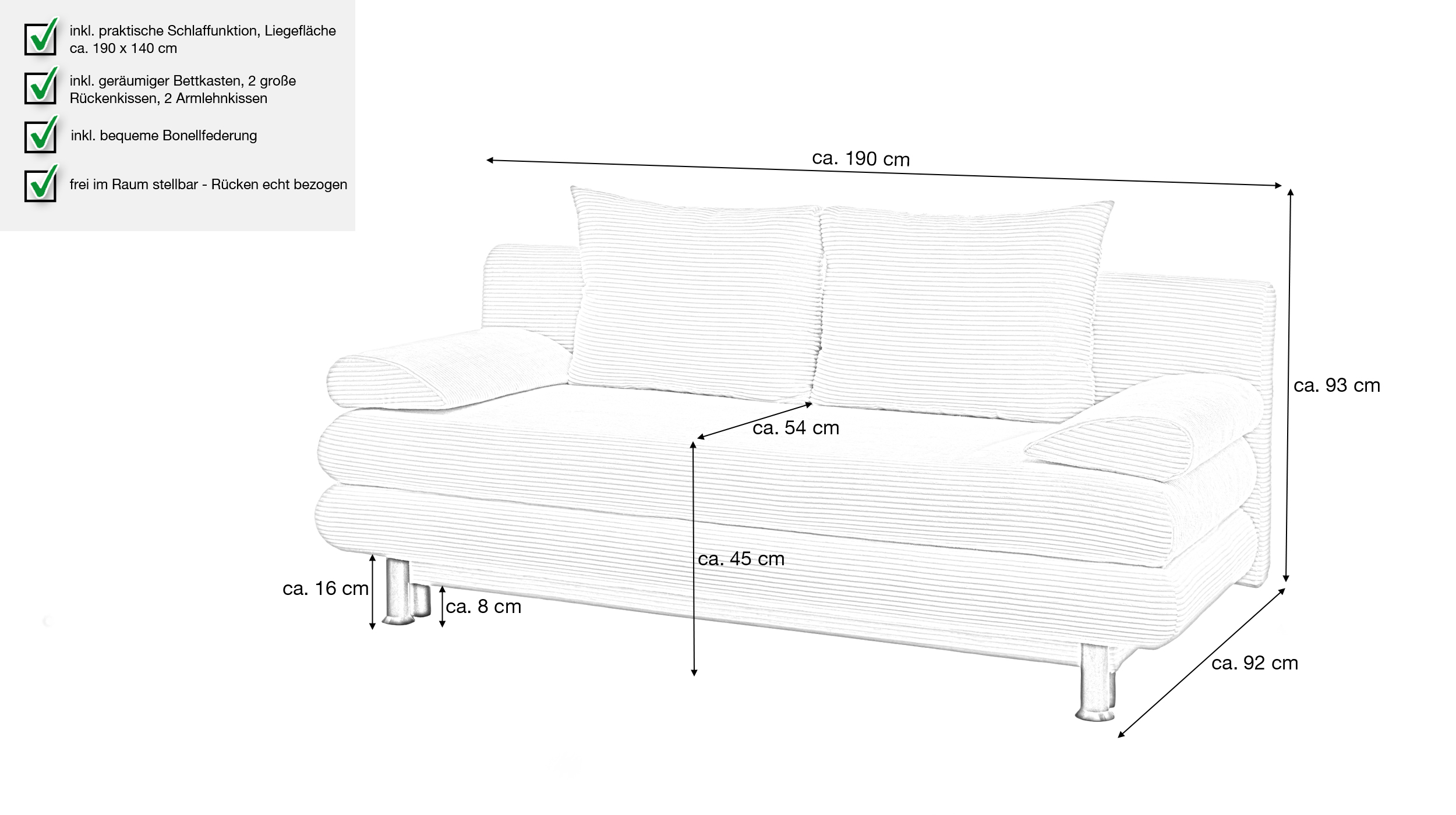 Schlafsofa Cord beige mit Bettkasten Federkern 190 cm - AVENDA