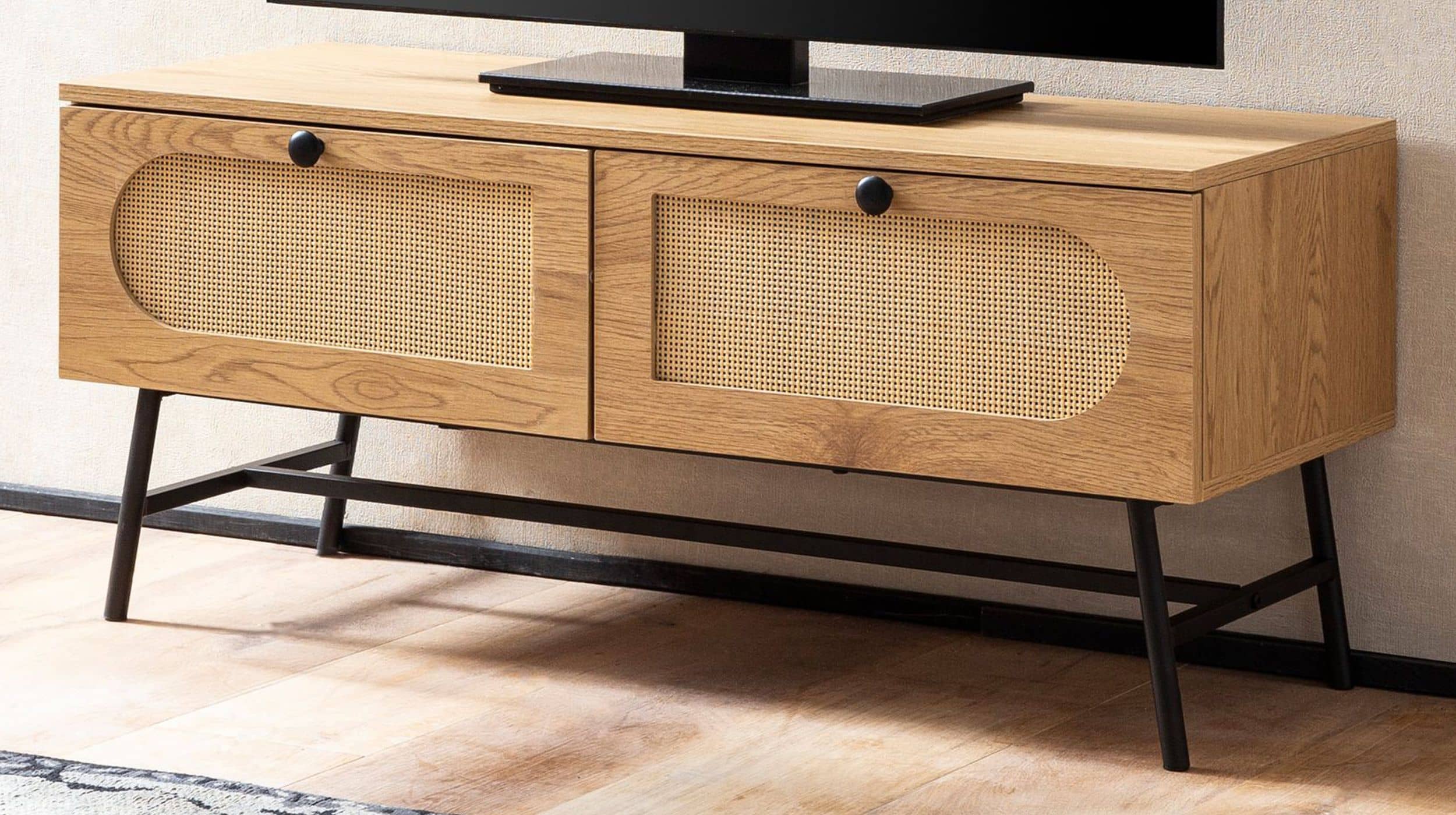 TV - Lowboard Eiche Holzdekor - Rattan 100 cm - RATVAN