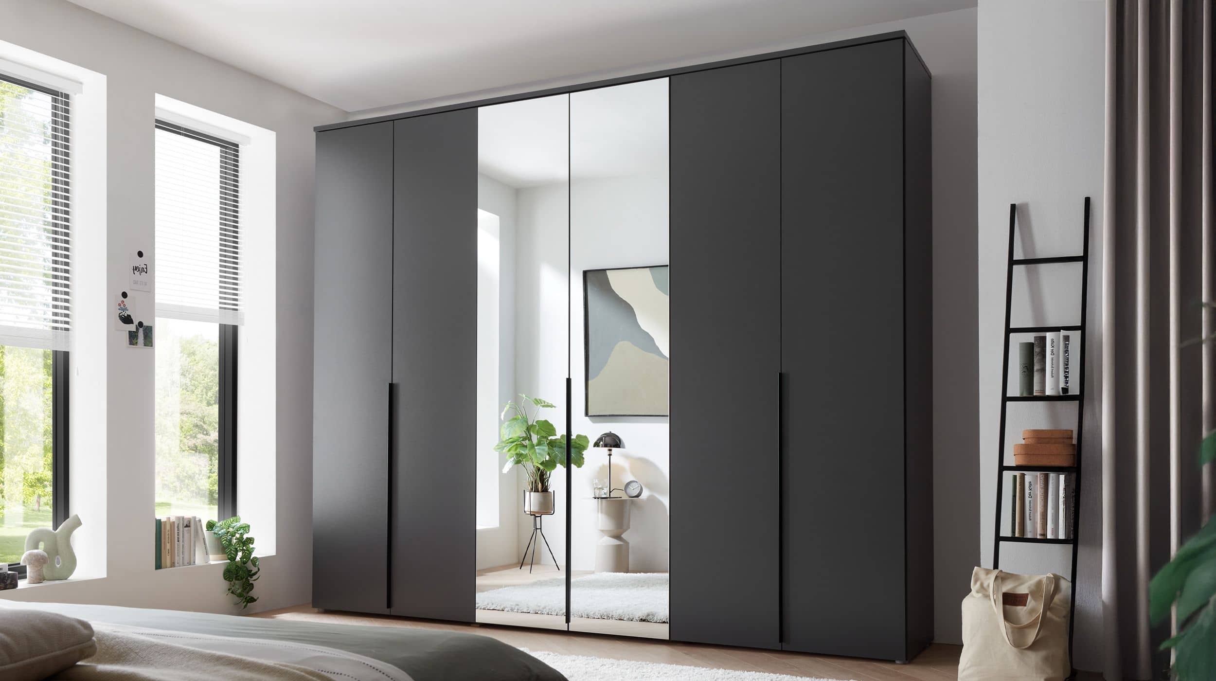Kleiderschrank mit Spiegel 270 cm graphit - 6-türig - KEVO