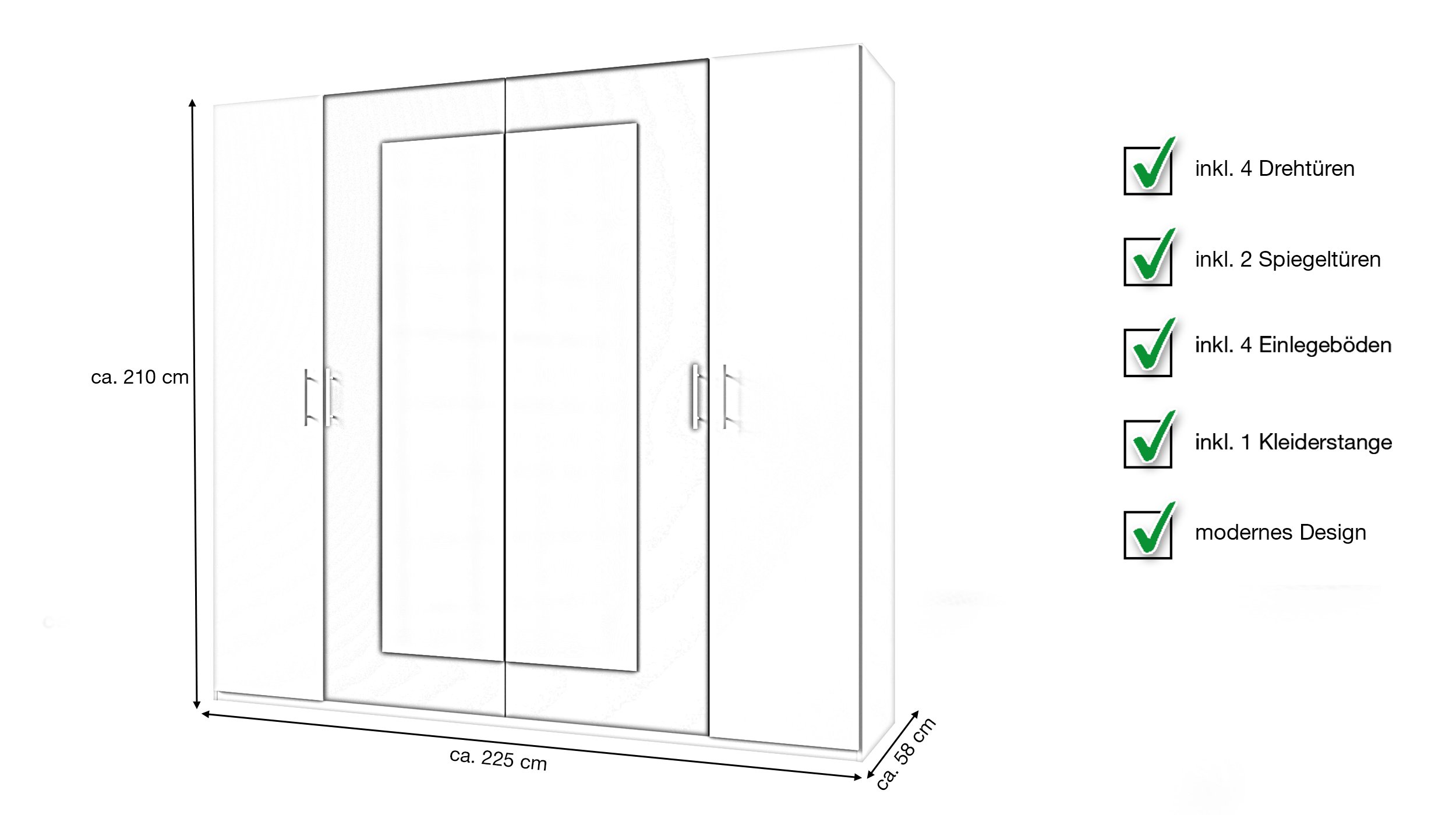 Kleiderschrank mit Spiegel - weiß - graphit - 225 cm - NORA