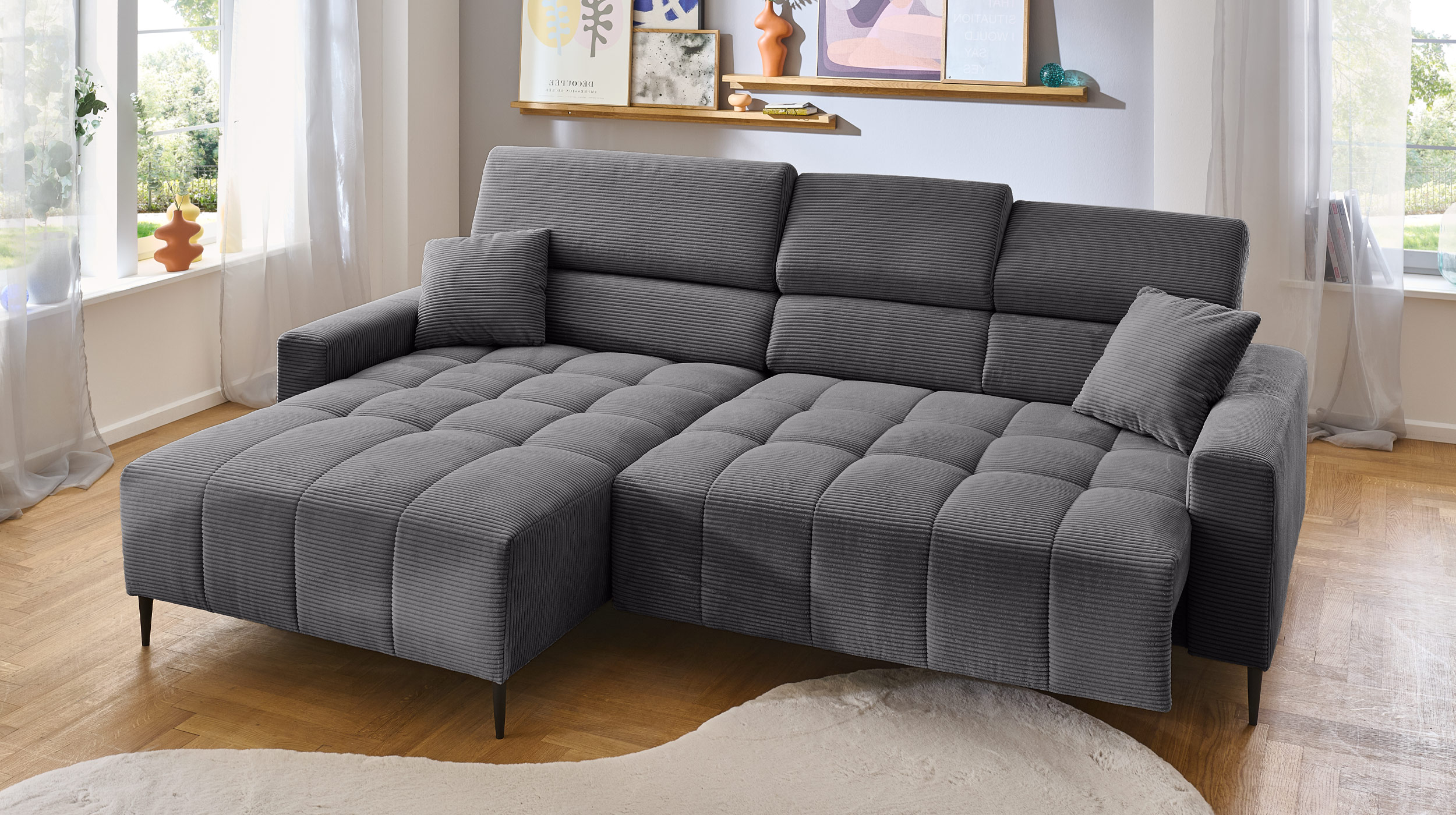 Ecksofa Cord grau - 256 x 180 cm - Sitztiefenverstellung - SIMPLE
