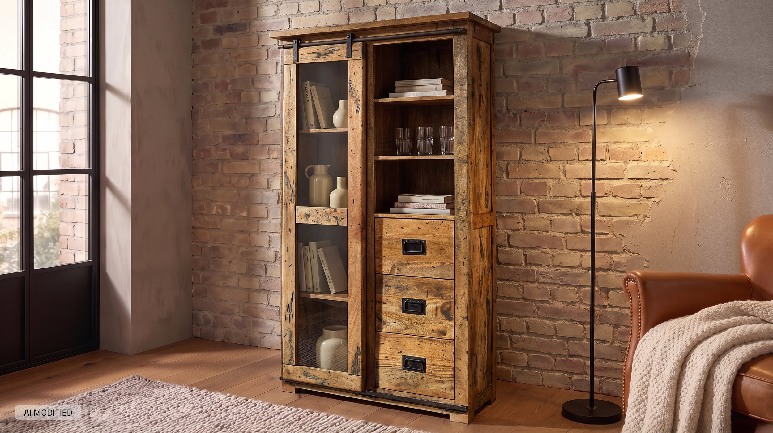Vitrine mit Schiebetür Mango massiv Breite 100 cm - montiert - EMANUEL
