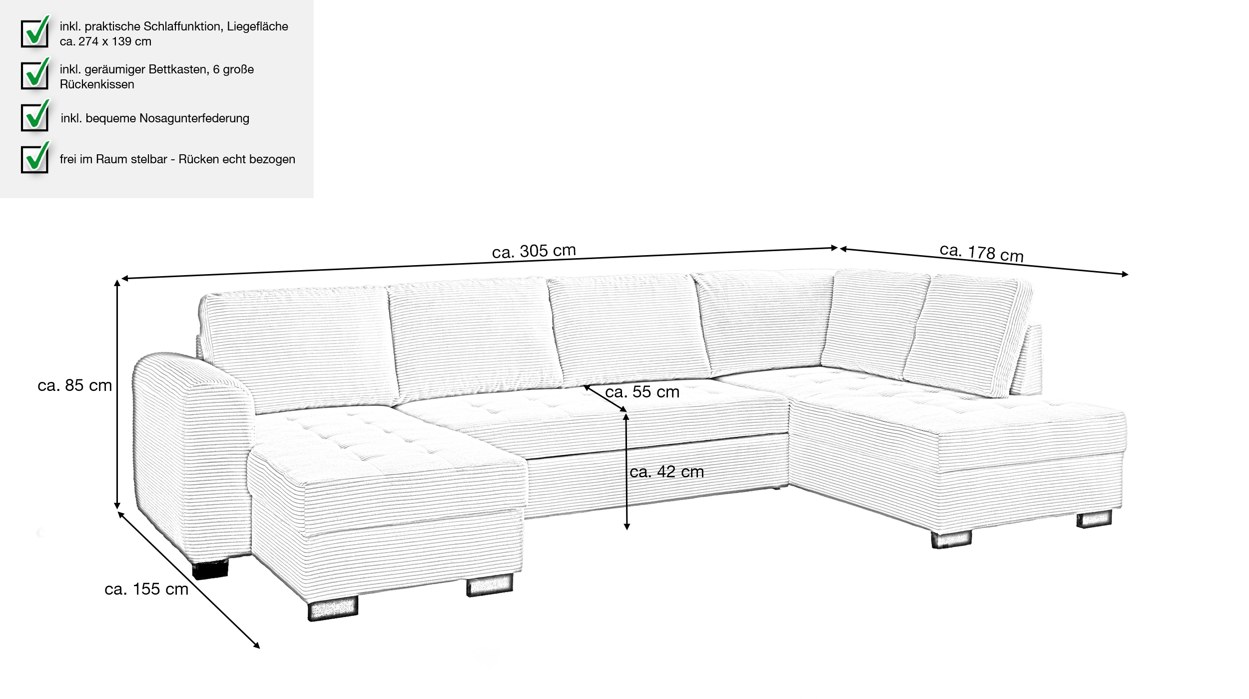 Wohnlandschaft Cord Schlaffunktion grau Bettkasten 305 cm - MALTE