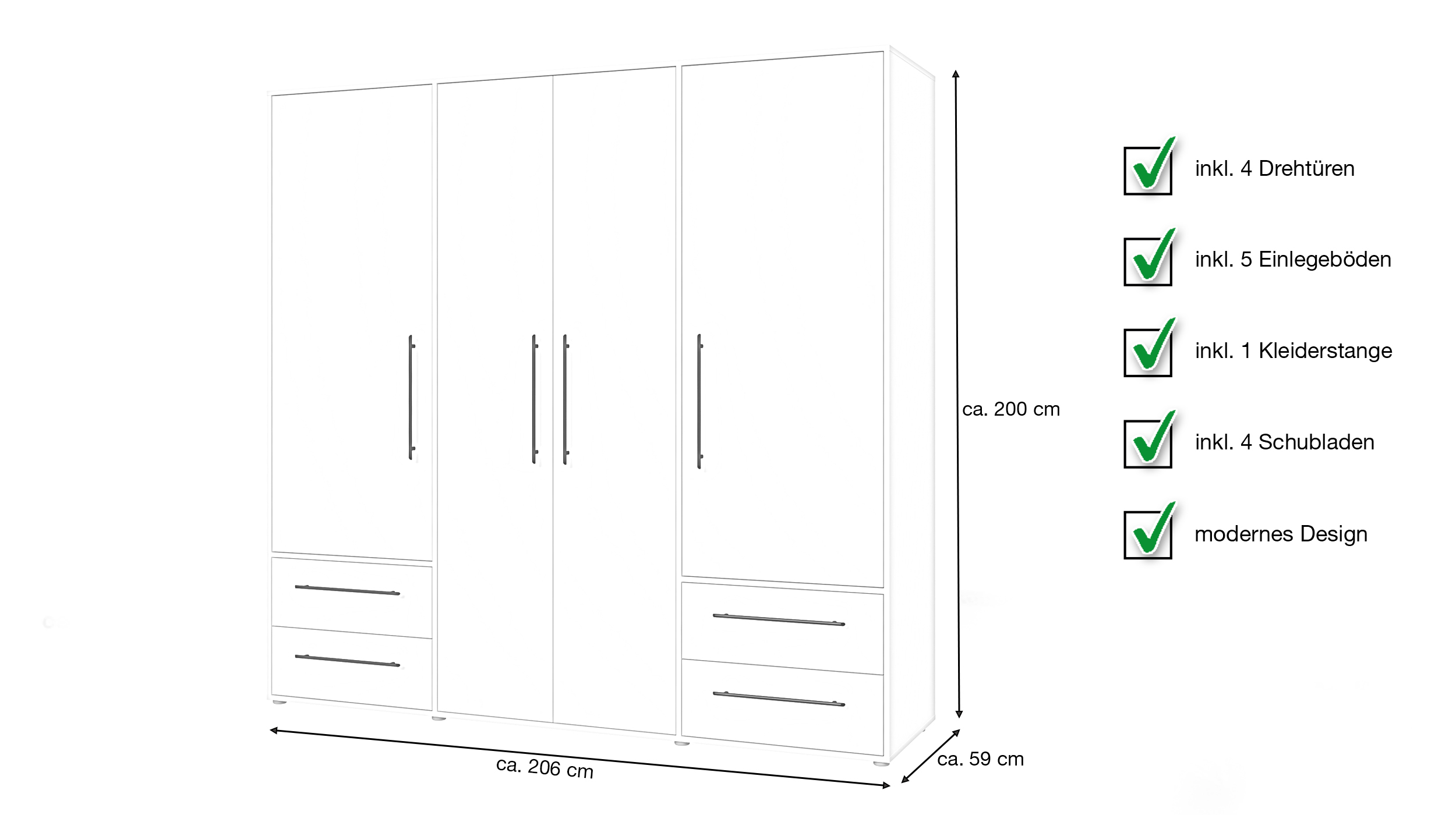 Kleiderschrank weiß - betonoptik - 206 cm - 4 Türen - MOKKARIS