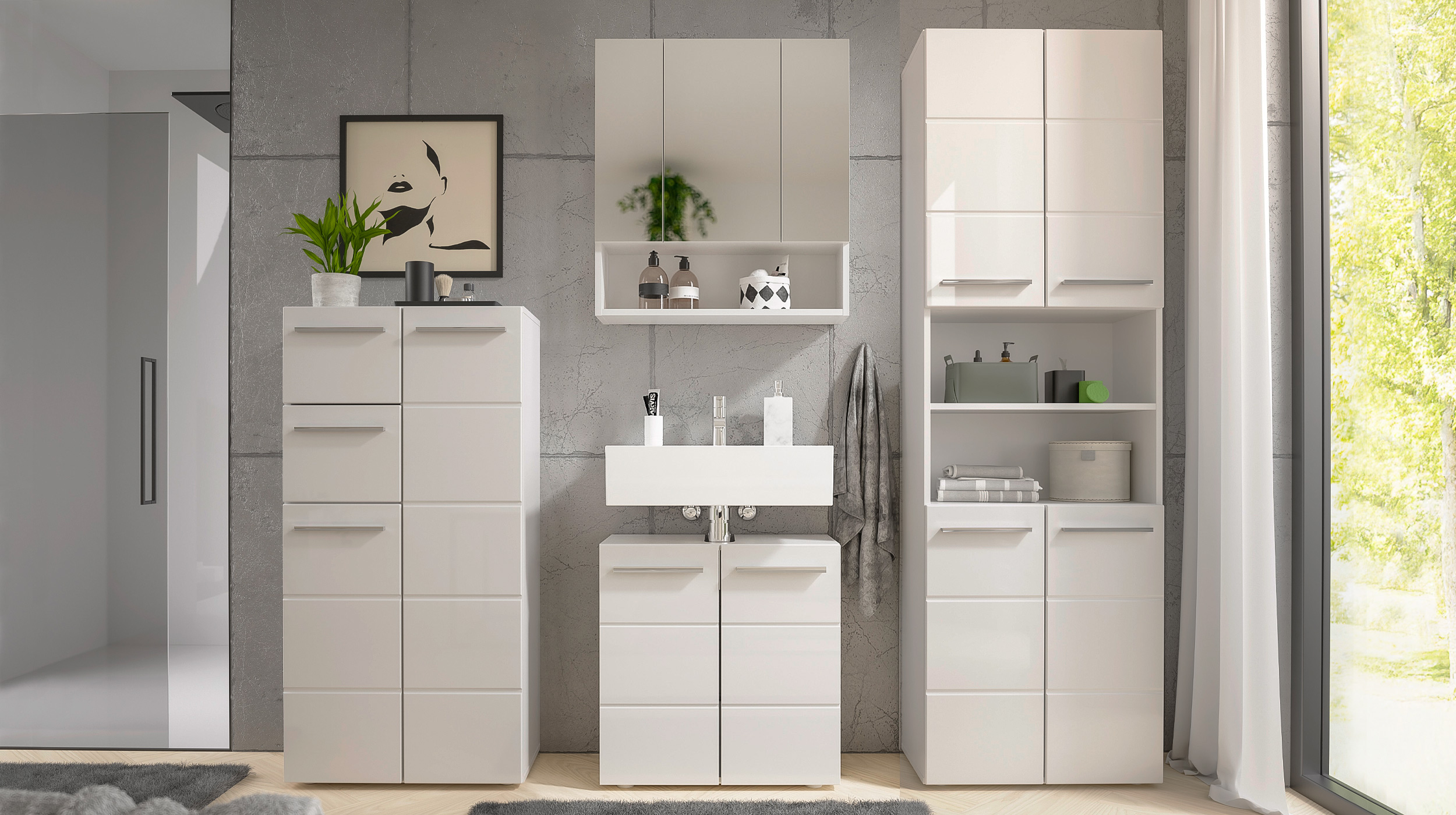 Bad Hochschrank weiß hochglanz 4 Türen Breite 60 cm - MANDY