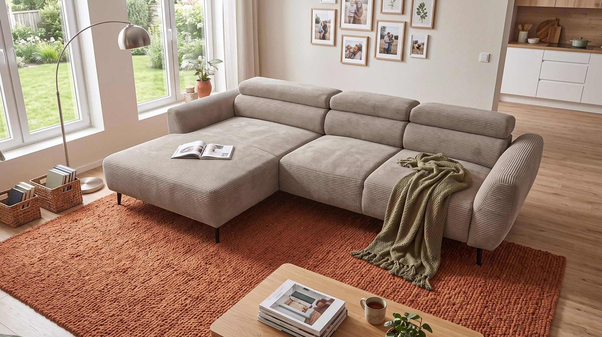 Ecksofa Cord beige elektrisch ausfahrbar 277 cm - OT- links - ALISSON