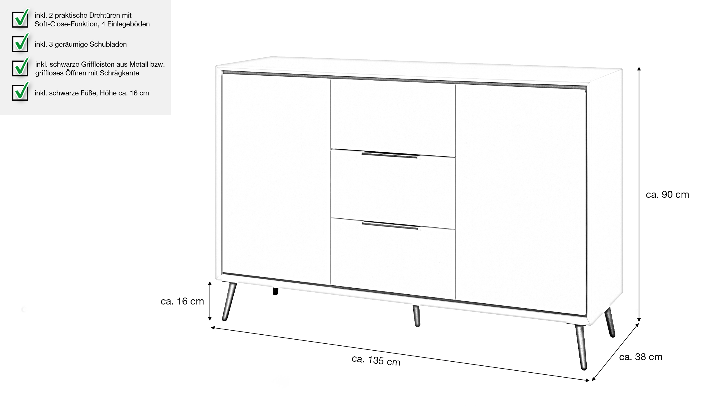 Sideboard mit 3 Schubladen beige schwarz 135 cm - ARONA