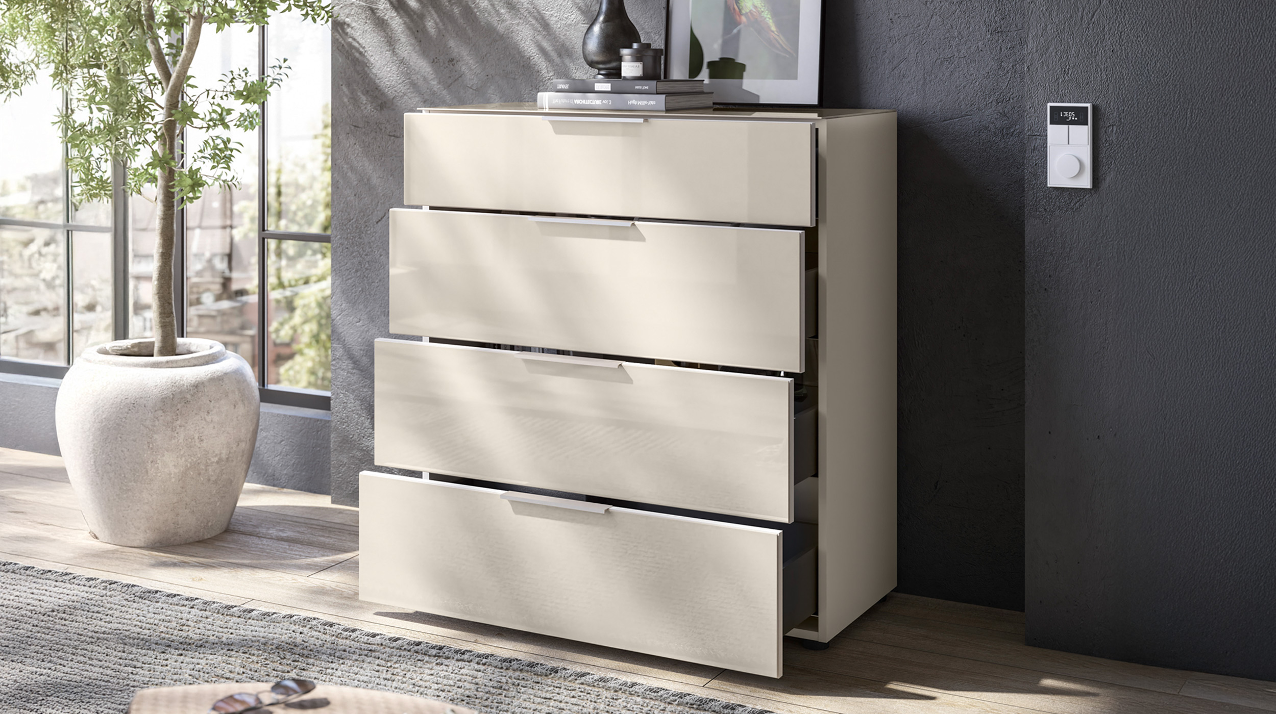 Kommode 4 Schubladen - beige - Glasfront - 90 cm - SANTORIN