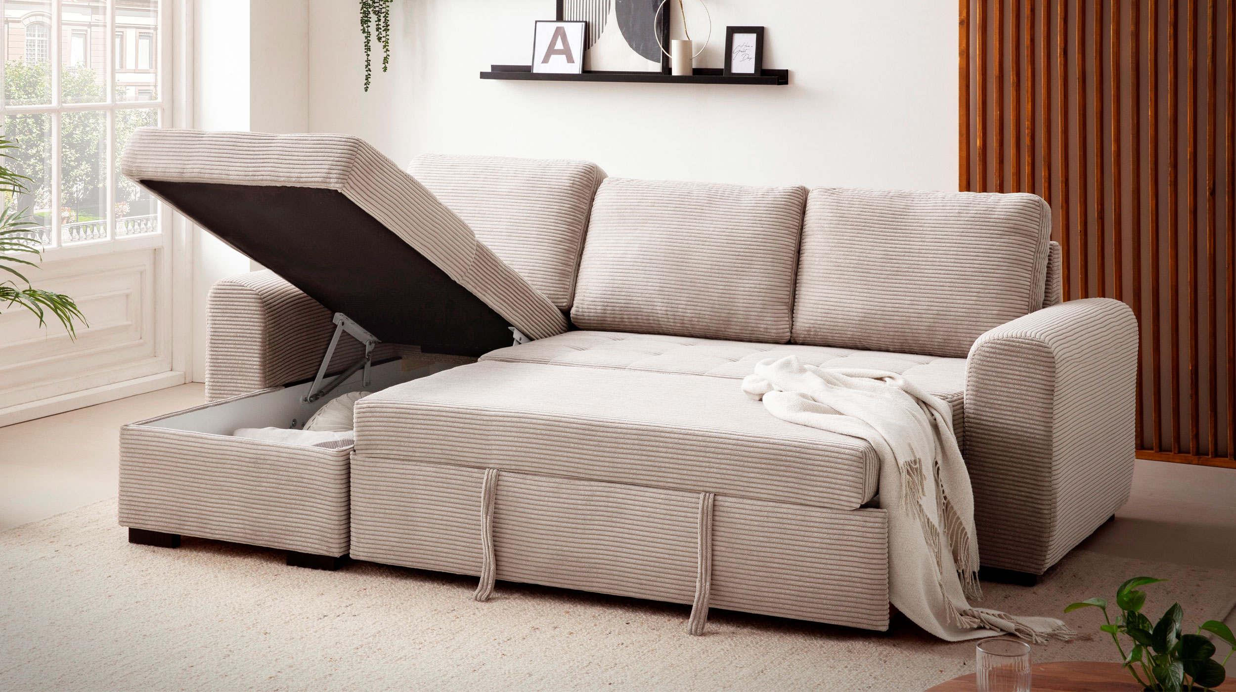 Ecksofa Cord beige mit Schlaffunktion 243 cm - Bettkasten - POLL
