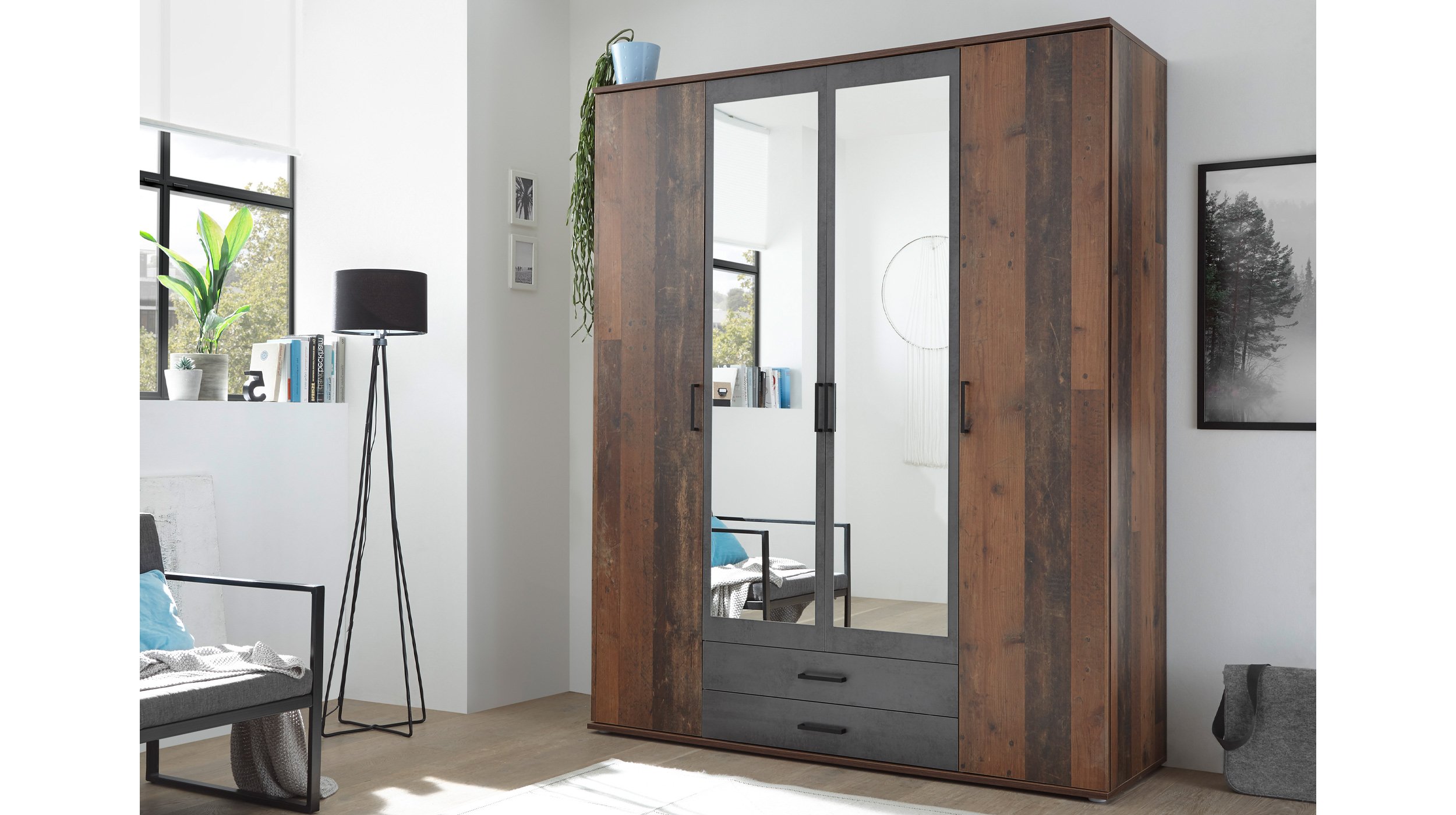 Kleiderschrank mit Spiegel - Old Style - grau - 160 cm - CHICAGO