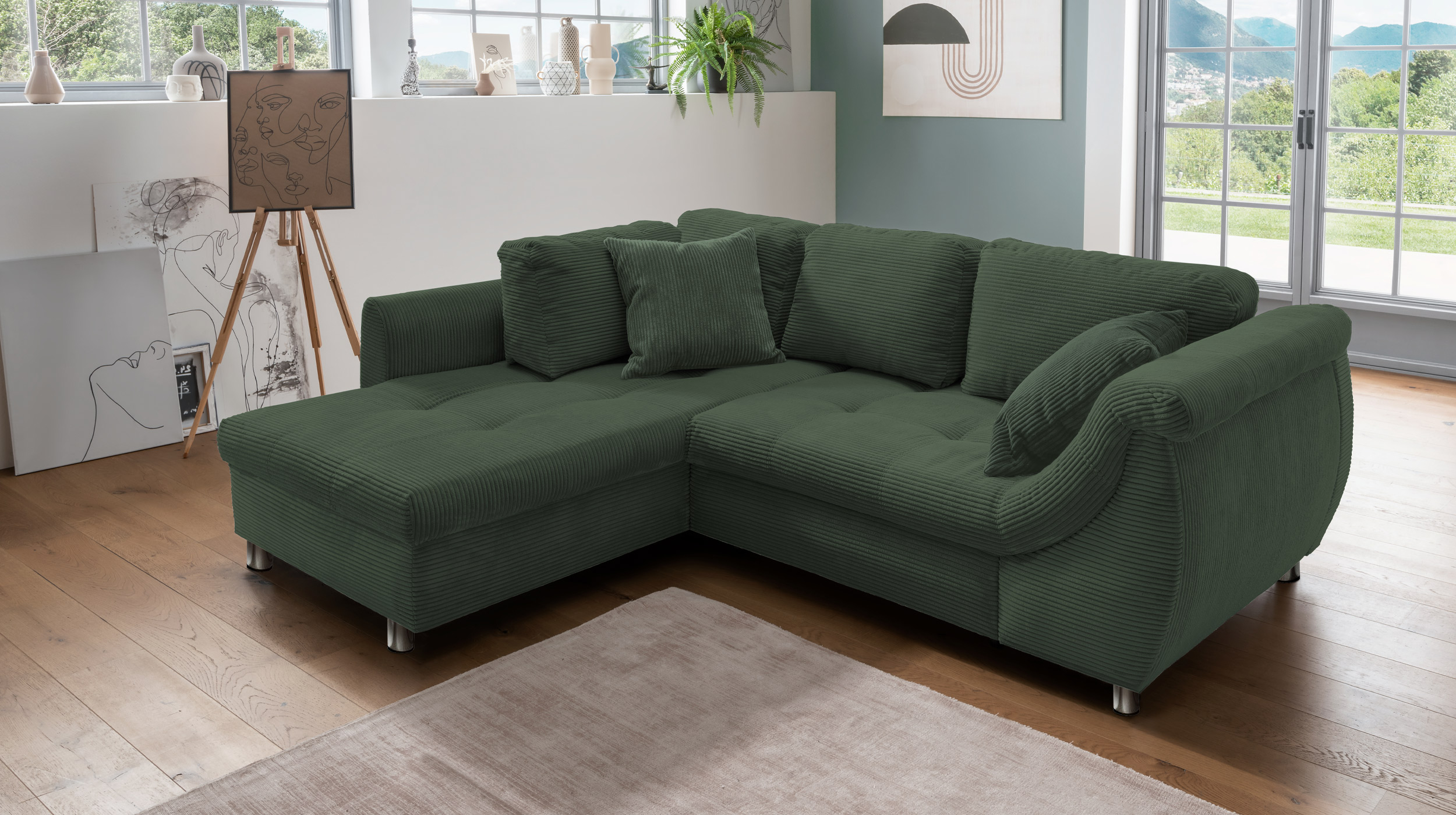 Ecksofa Cord grün Schlaffunktion Bettkasten OT links - LUNARO