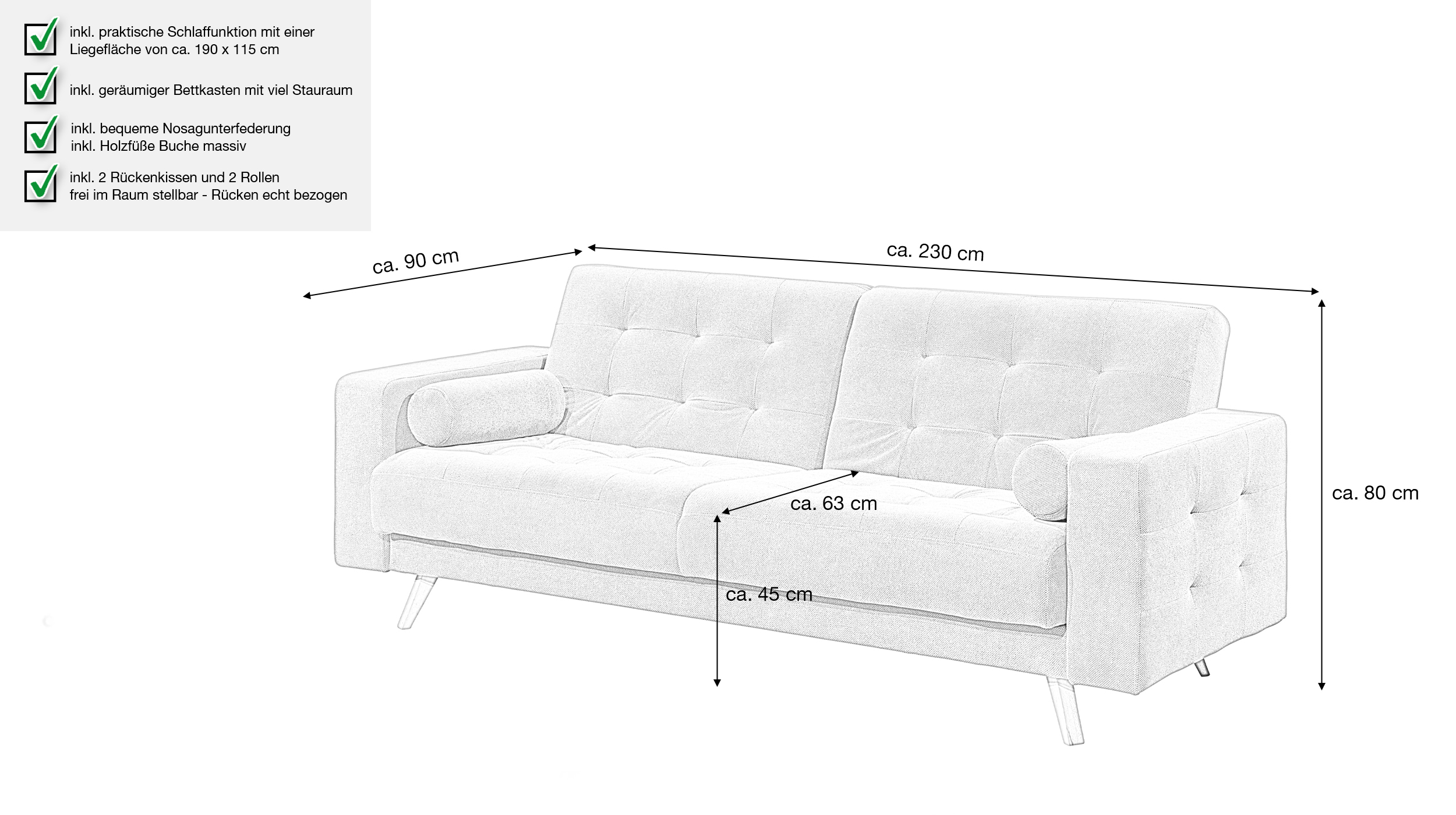 Einzelsofa 3-Sitzer gelb Schlaffunktion Bettkasten 230 cm - TRANDAL