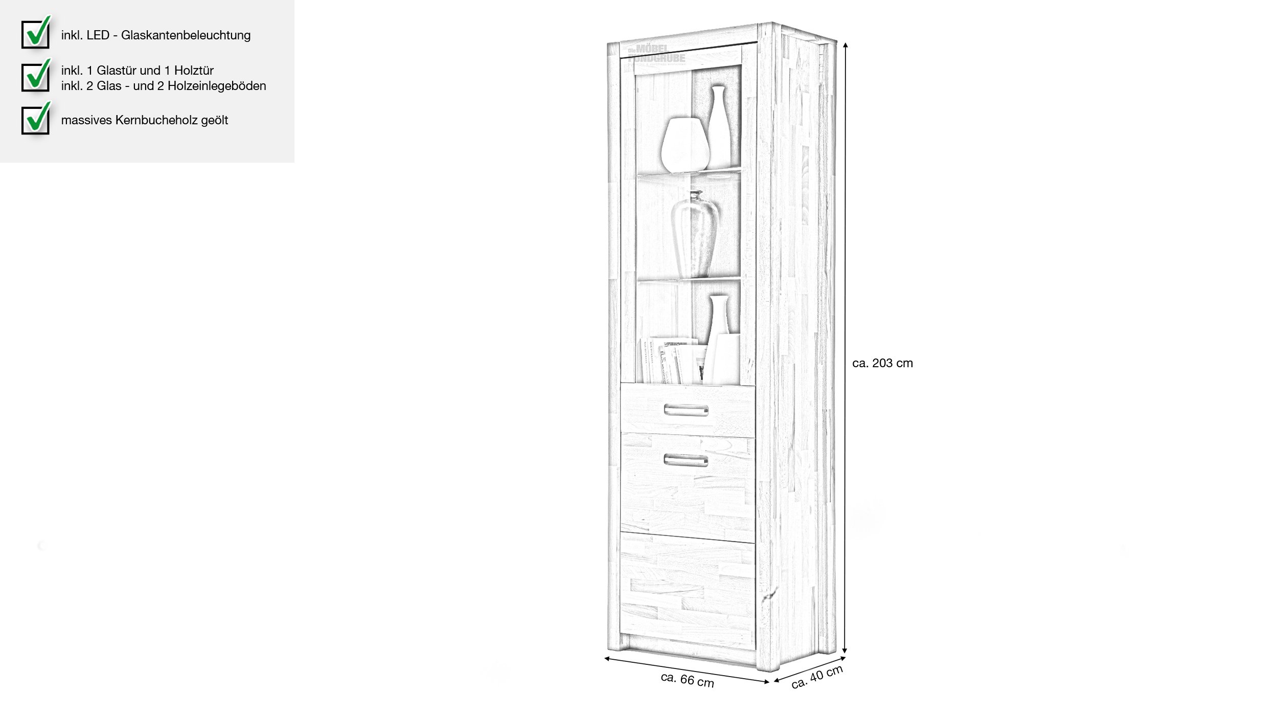 Vitrine mit Beleuchtung Kernbuche massiv geölt Breite 66 cm - FENJA