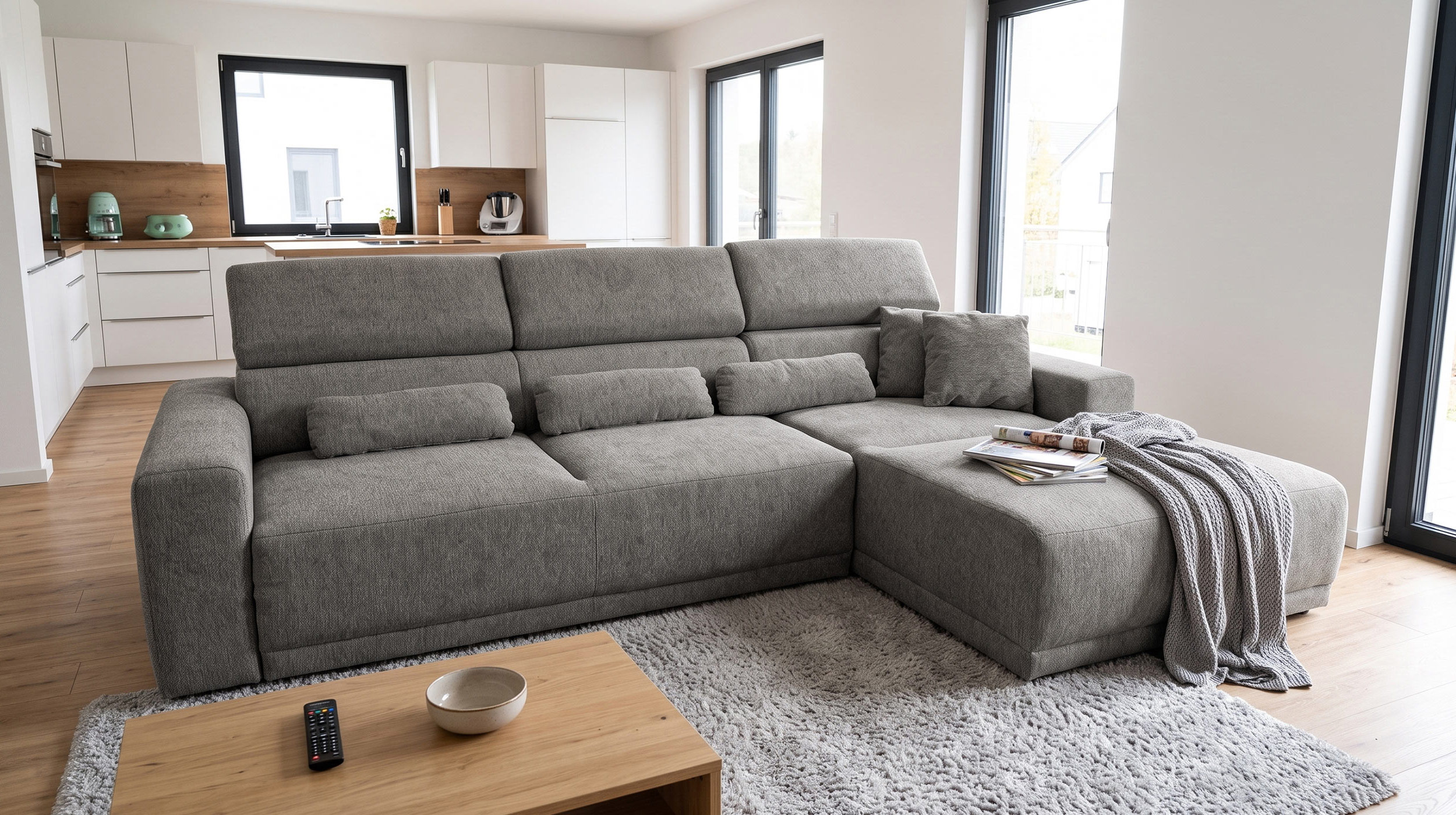 Ecksofa grau elektrisch ausfahrbar 285 cm - OT rechts - CASSIO 