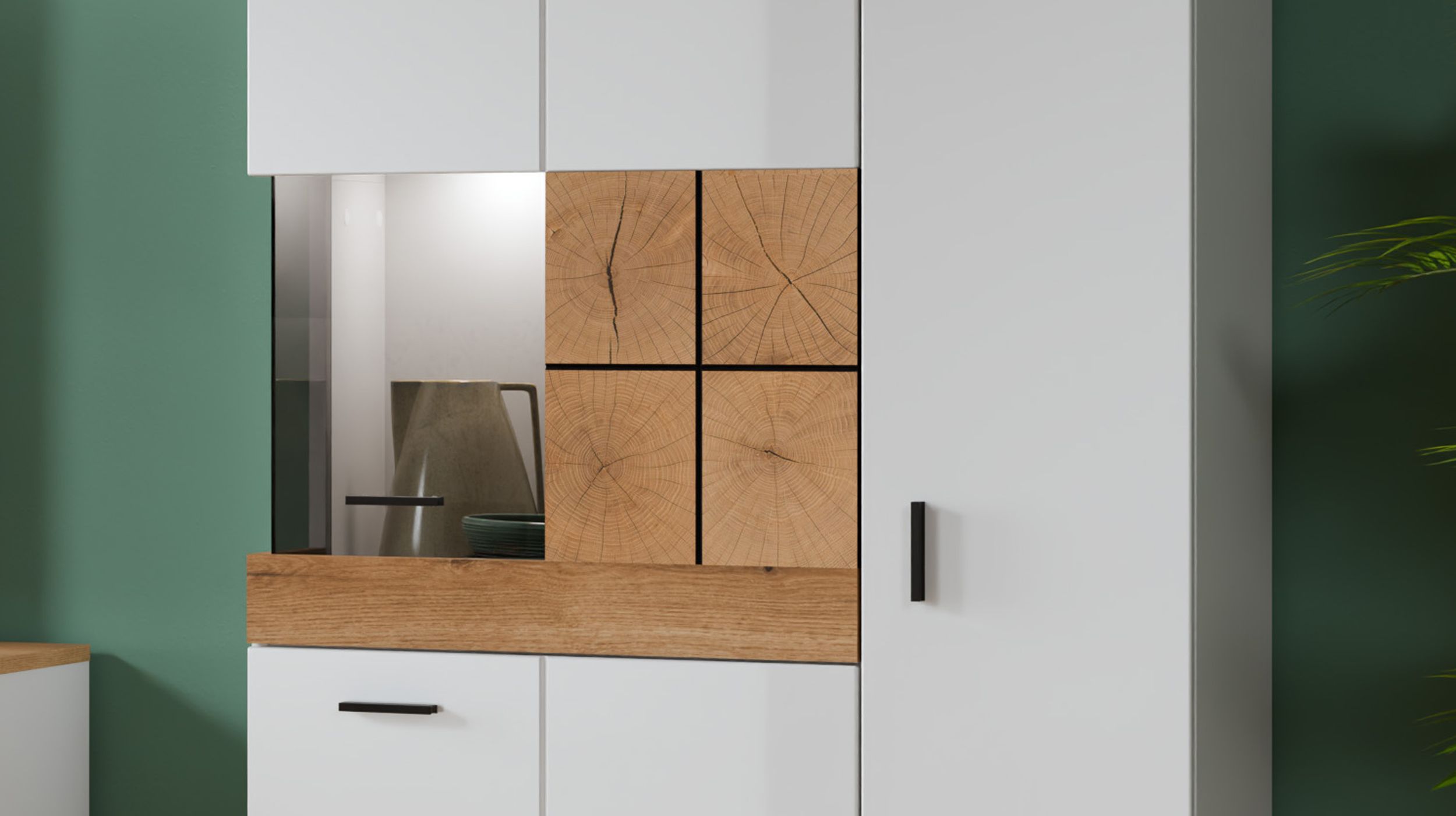 Highboard mit Glastür weiß Hochglanz - Eiche 82 cm - ORETA