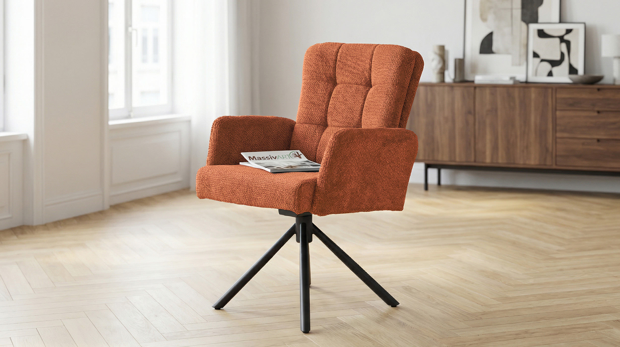 Armlehnstuhl orange Drehstuhl Taschenfederkern Chenille - HEDIA