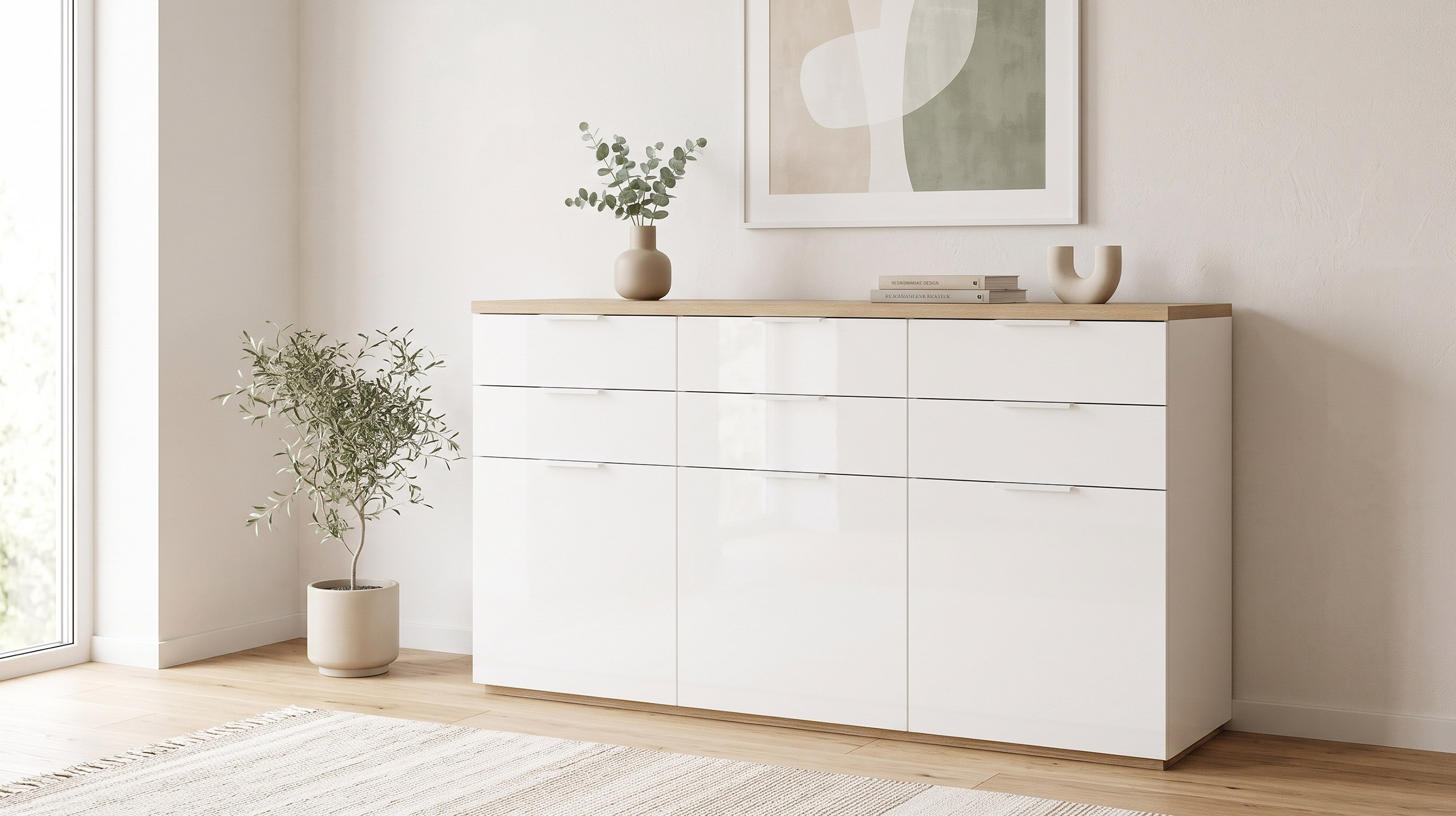 Kommode 180 cm Weiß Hochglanz mit Riviera-Eiche-Dekor - MUNDI