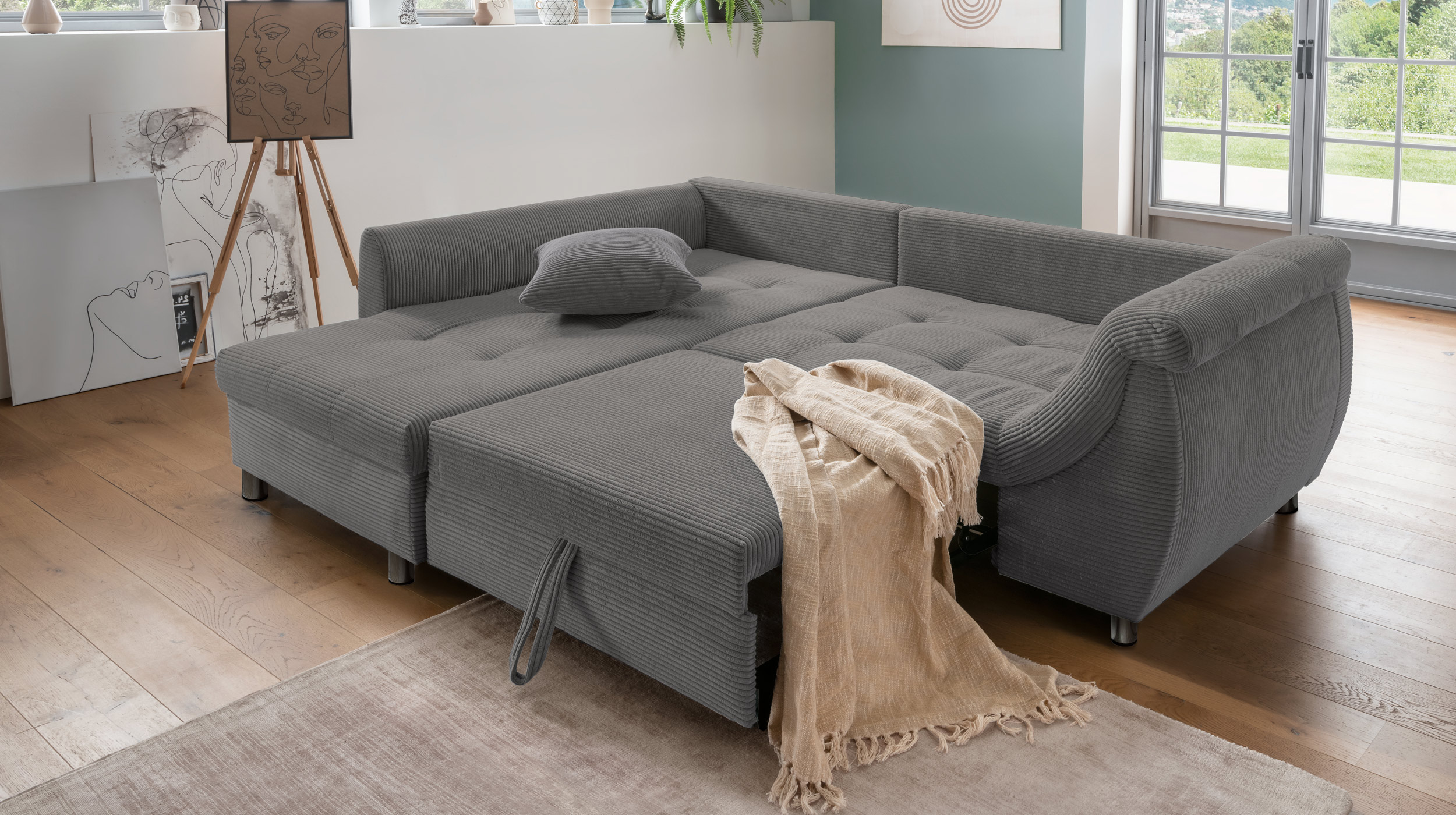 Ecksofa Cord grau Schlaffunktion Bettkasten OT links - LUNARO