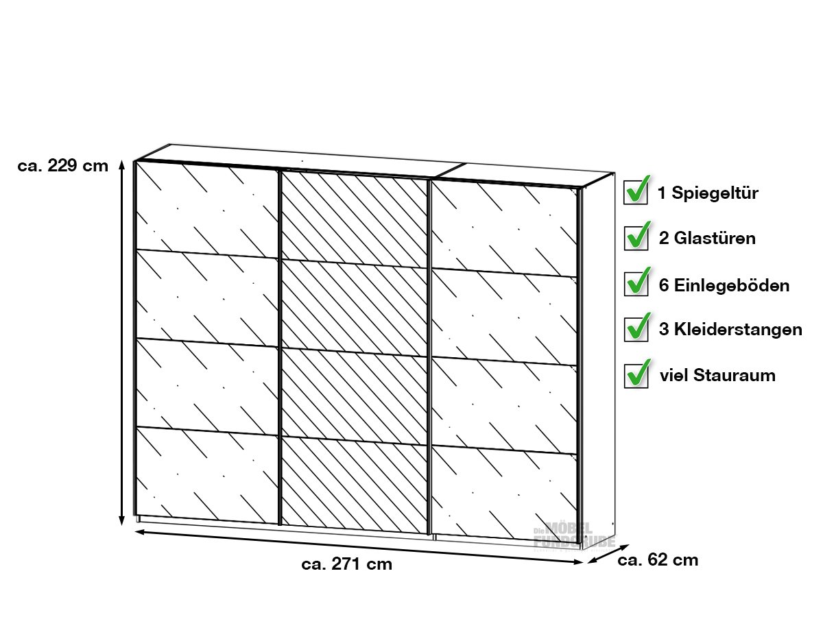 Schwebetürenschrank grau Spiegel 271 cm - rauch - KULMBACH