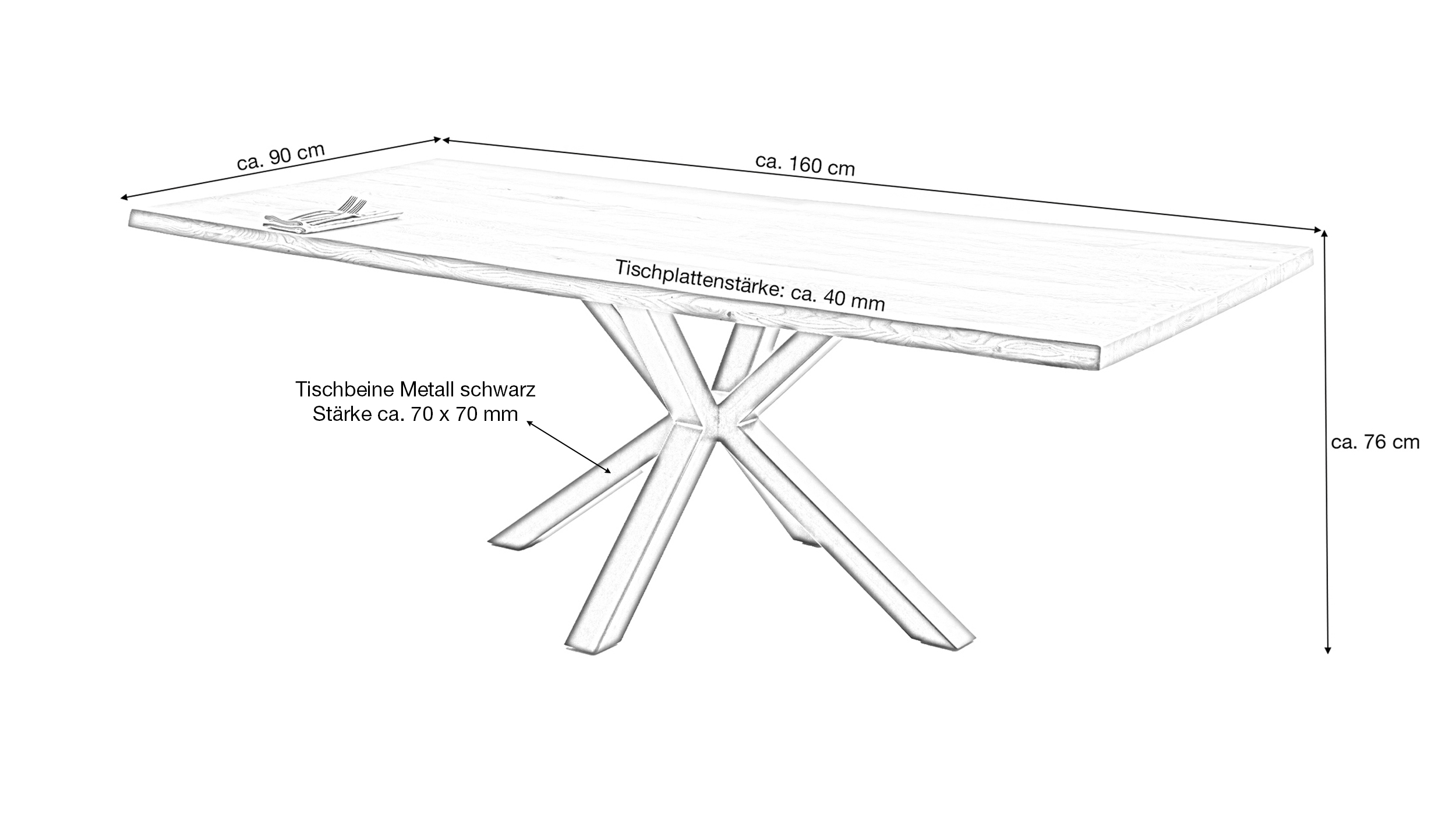 Esstisch Baumkantentisch Optik 160 cm massiv Wildeiche geölt - DAHLIA