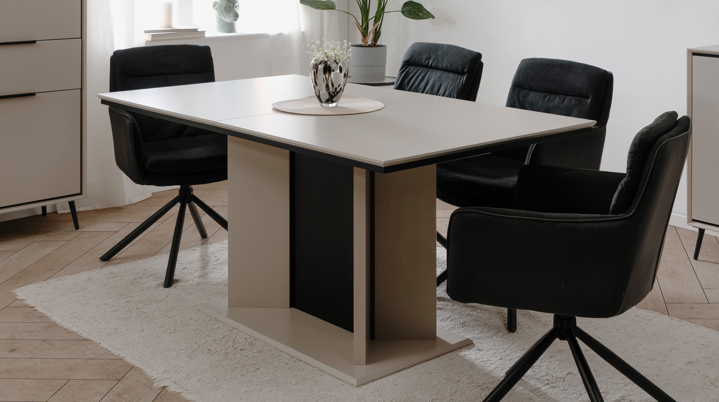 Esstisch 160 - 200 cm ausziehbar beige schwarz Säulentisch - ARONA