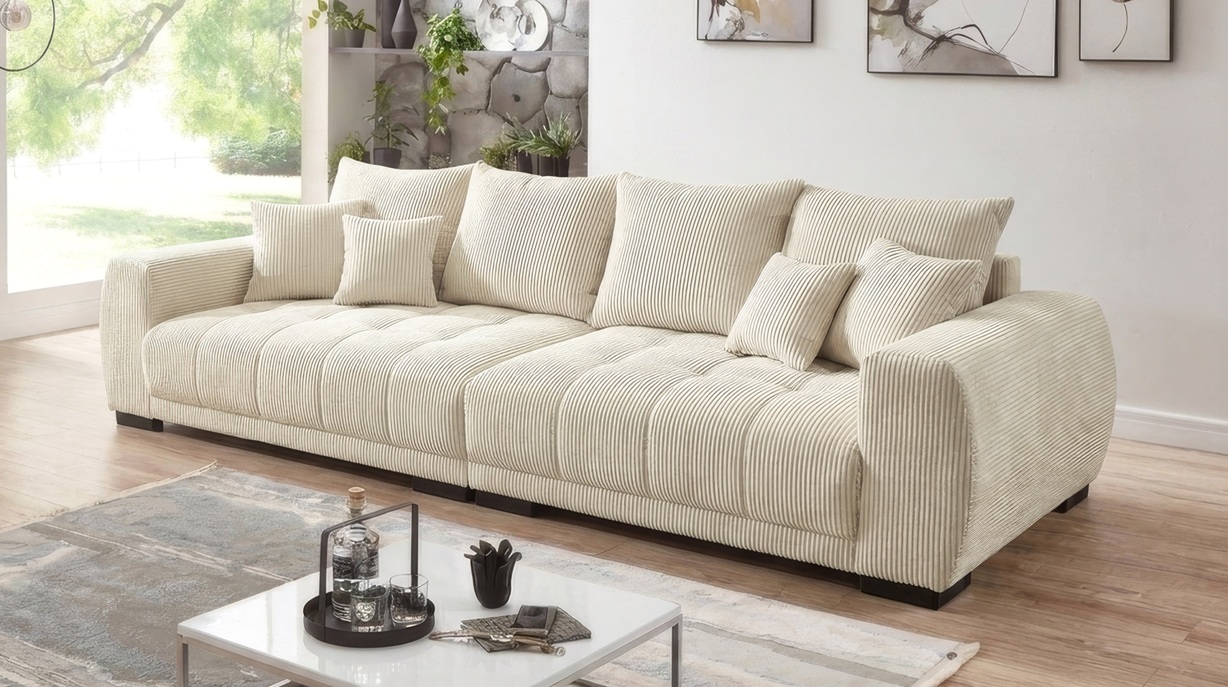 Big Sofa Cord beige mit Nosagunterfederung 300 cm - ARTEMIS