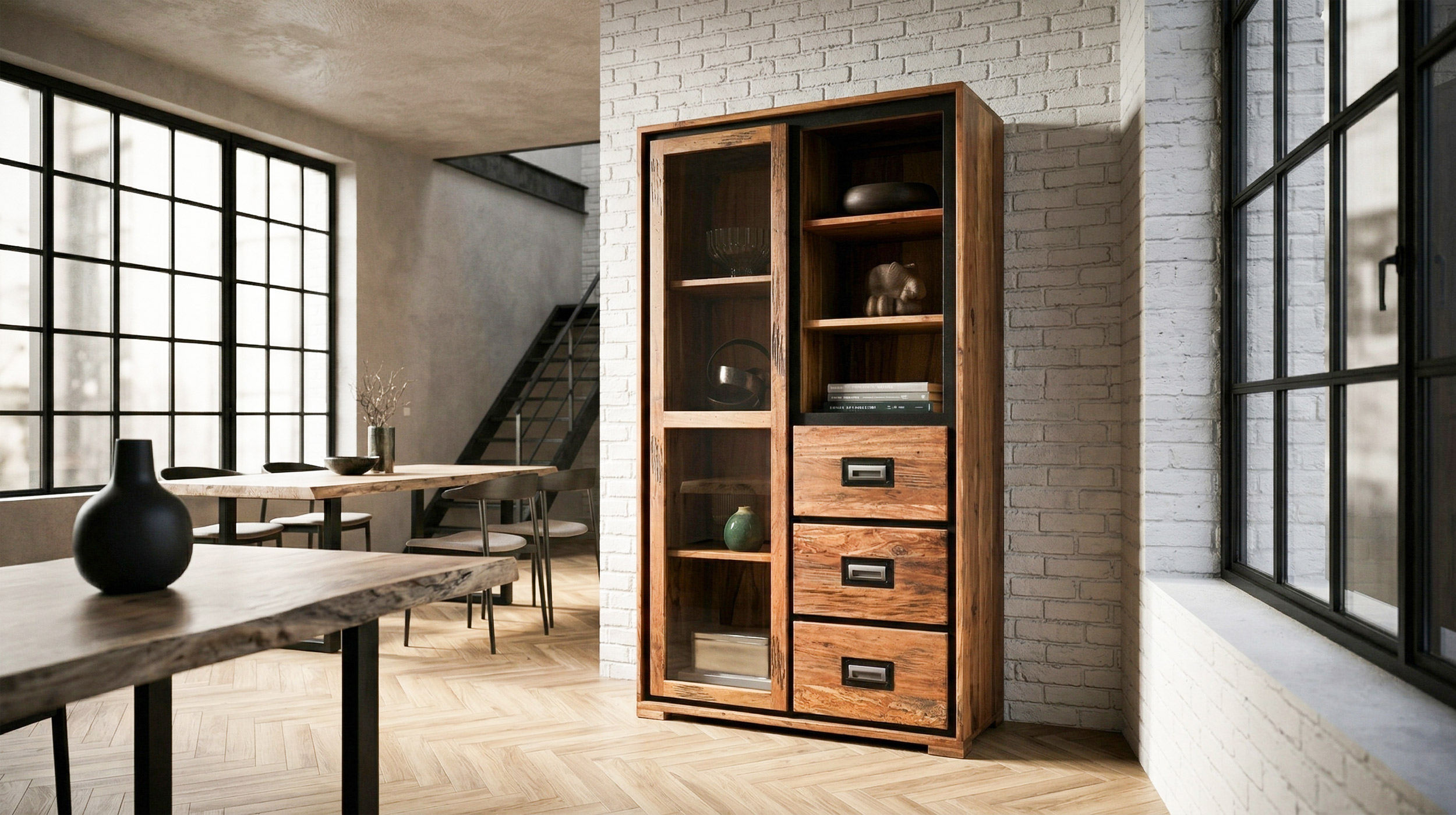 Vitrine Akazie Altholz massiv montiert - 100 cm Glastür - NARVIK